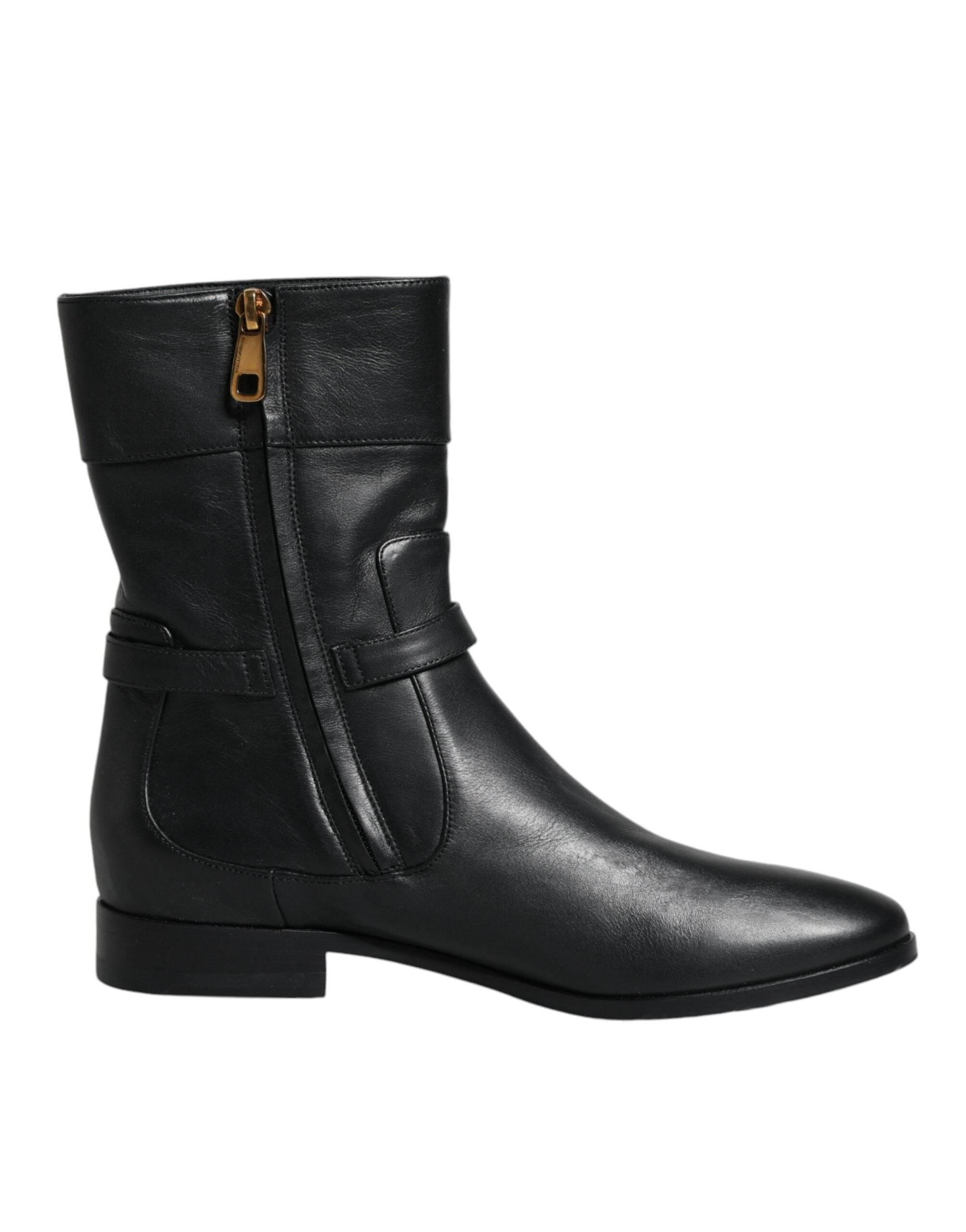 Dolce & Gabbana Black Leather Logo Mid Calf Boots Shoes - Hilstor