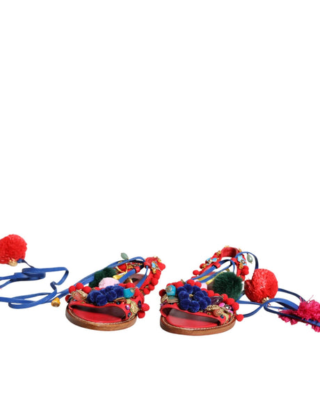 Dolce & Gabbana Multicolor Pom Pom Fur Wrap Sandals Shoes - Hilstor