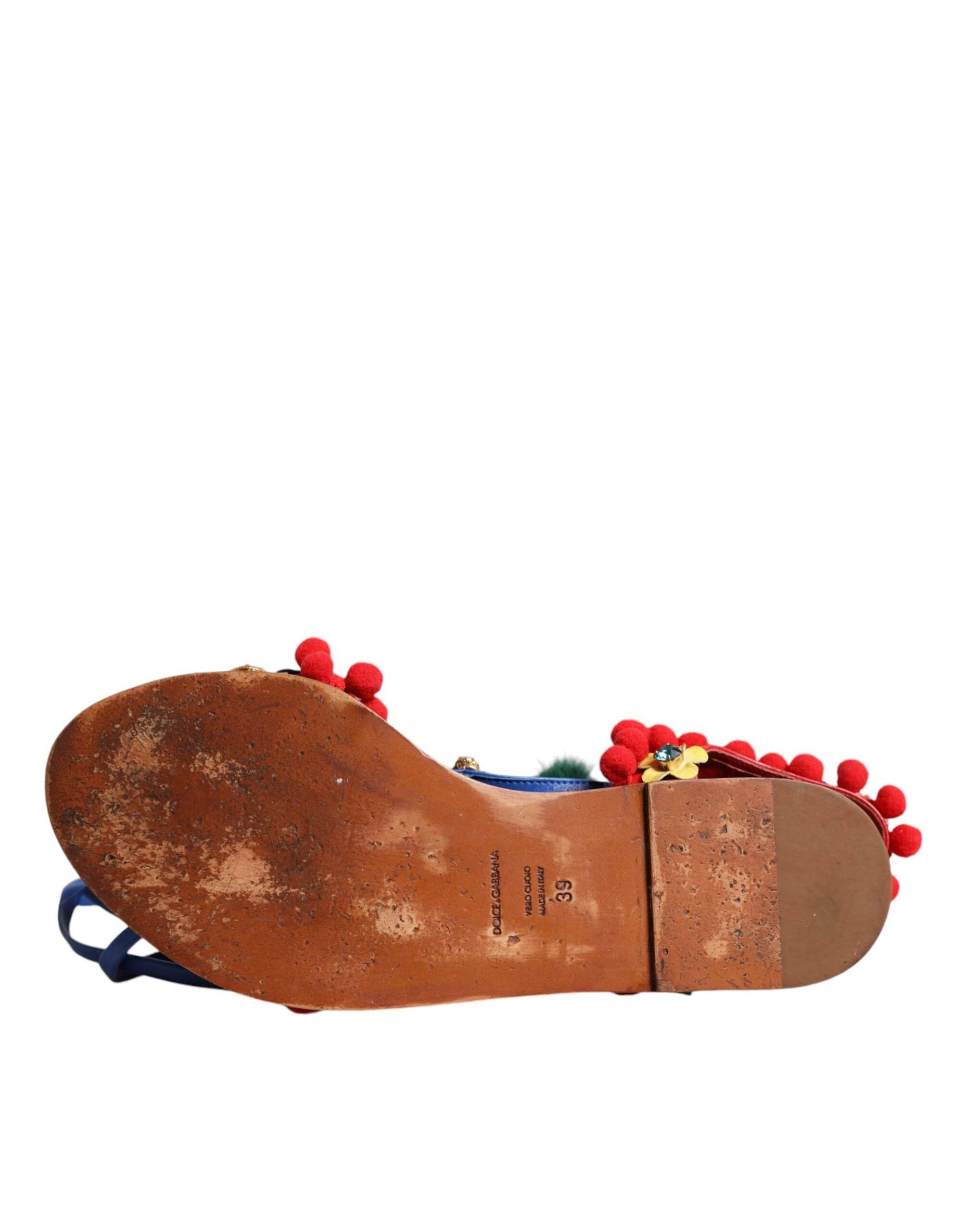 Dolce & Gabbana Multicolor Pom Pom Fur Wrap Sandals Shoes - Hilstor