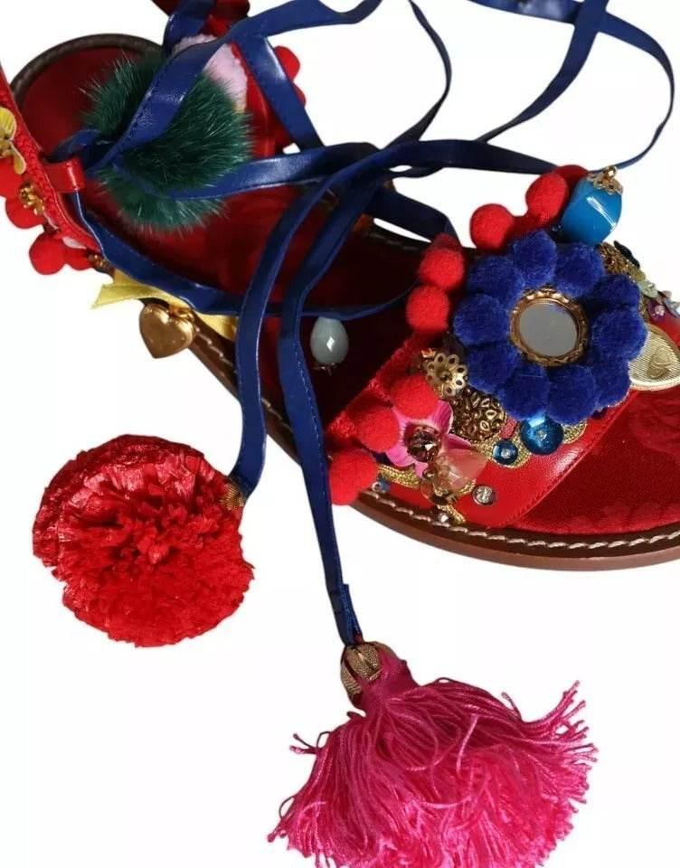 Dolce & Gabbana Multicolor Pom Pom Fur Wrap Sandals Shoes - Hilstor