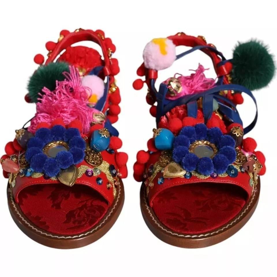Dolce & Gabbana Multicolor Pom Pom Fur Wrap Sandals Shoes - Hilstor