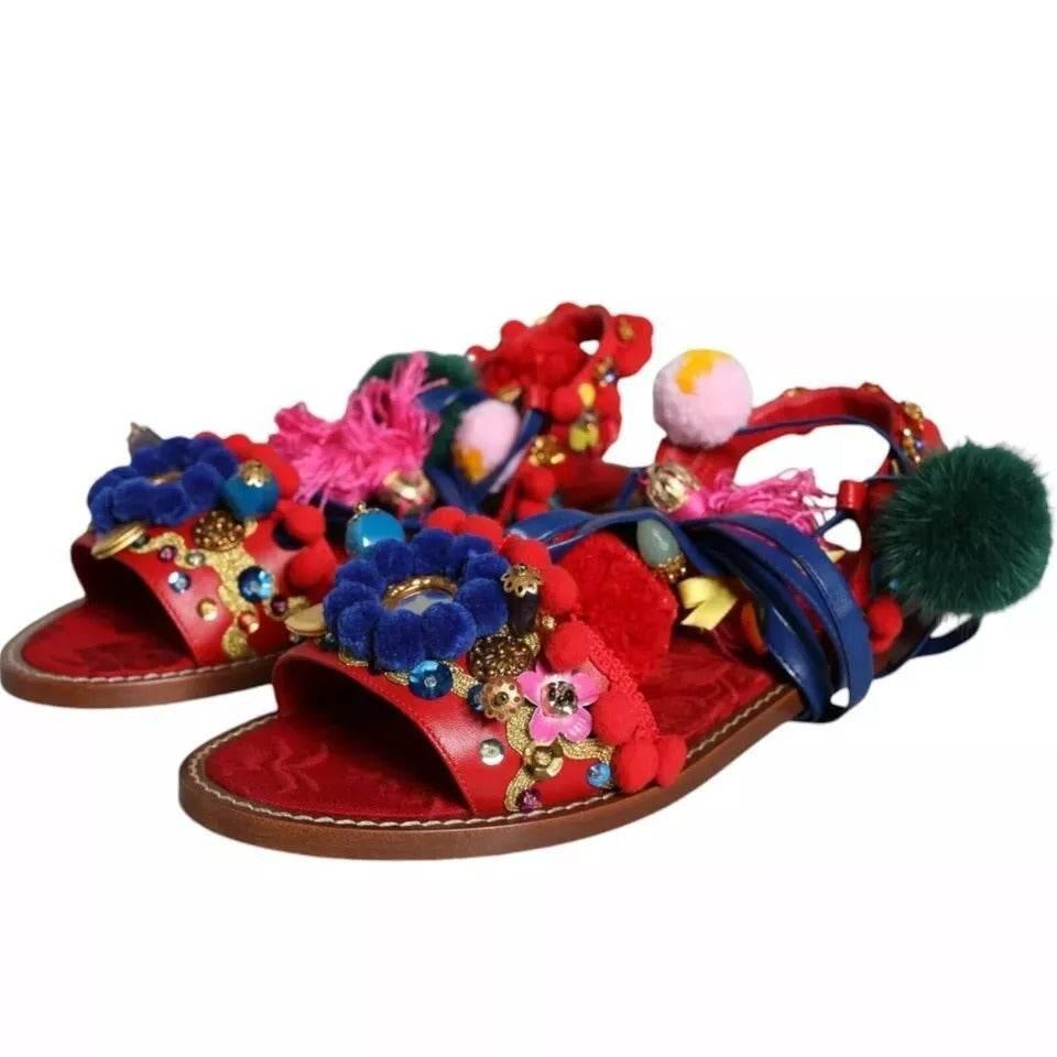 Dolce & Gabbana Multicolor Pom Pom Fur Wrap Sandals Shoes - Hilstor