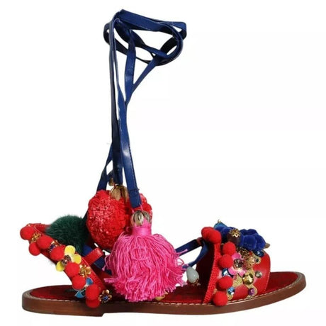 Dolce & Gabbana Multicolor Pom Pom Fur Wrap Sandals Shoes - Hilstor