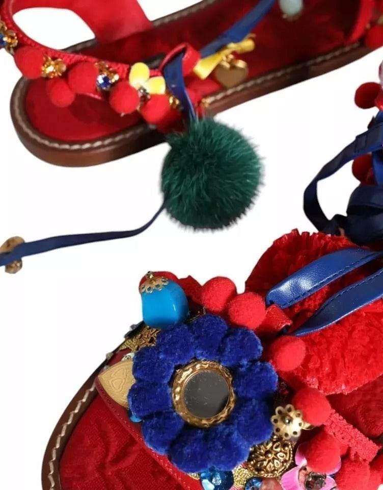 Dolce & Gabbana Multicolor Pom Pom Fur Wrap Sandals Shoes - Hilstor