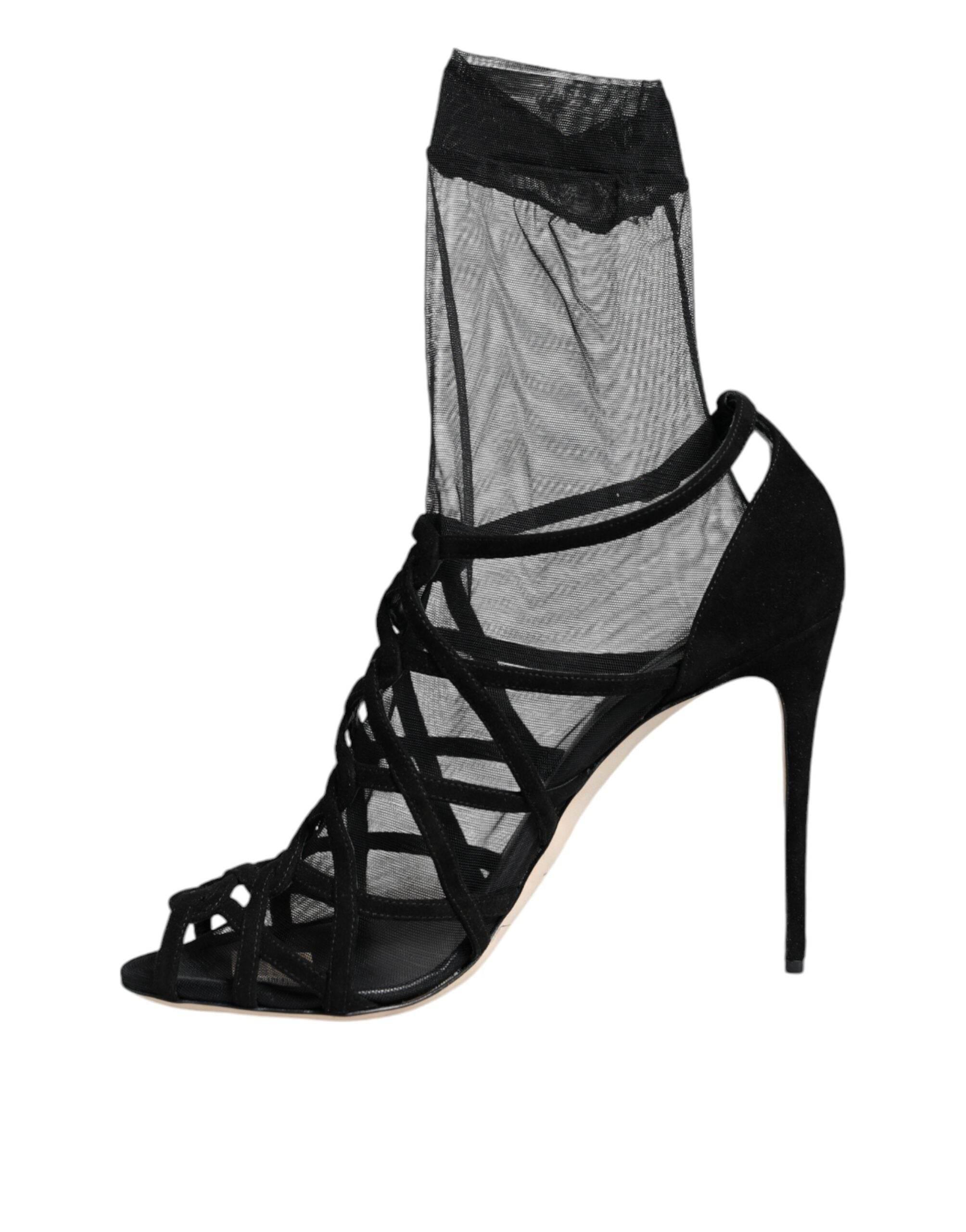 Dolce & Gabbana Black Tulle Stretch Heels Sandals Shoes - Hilstor