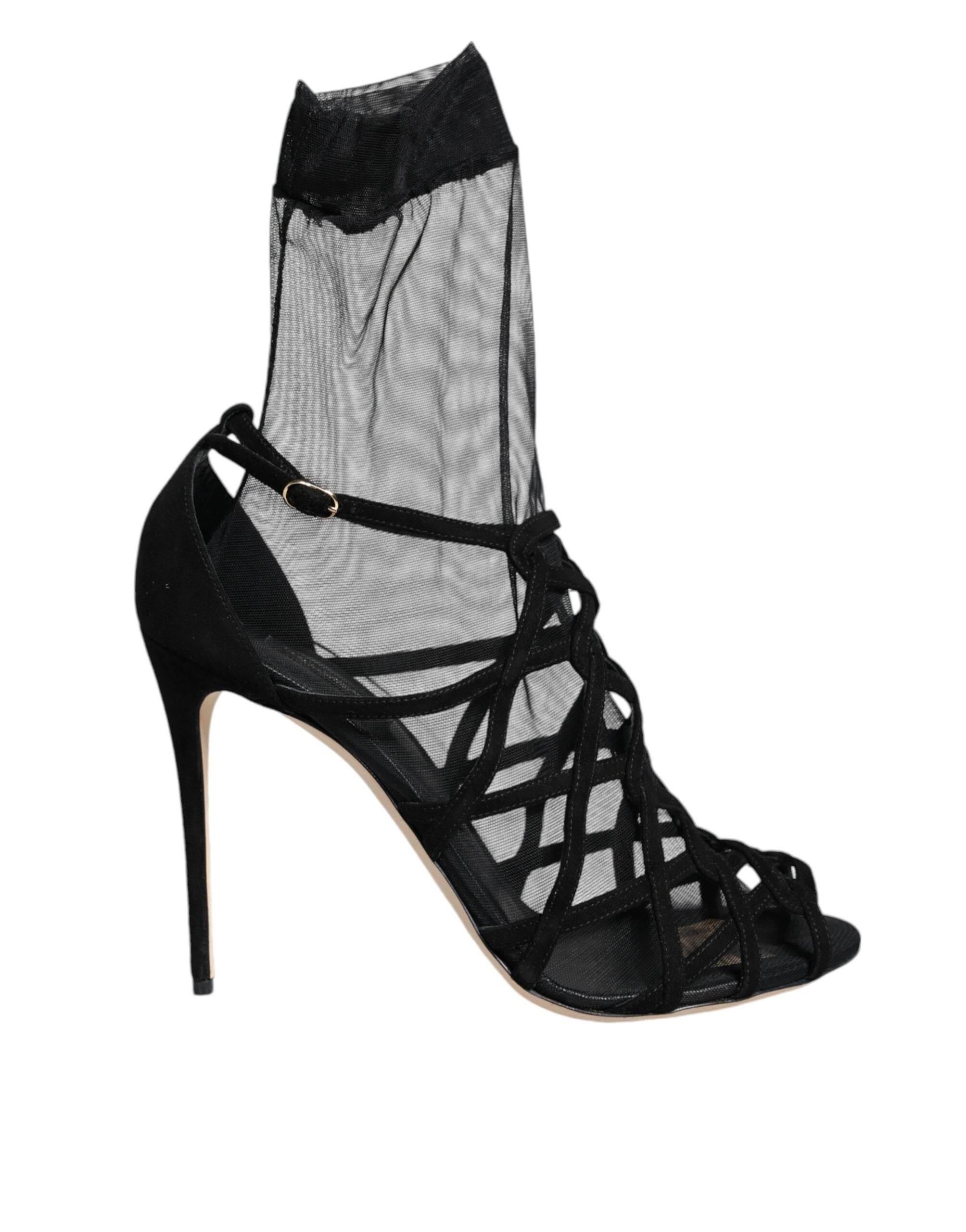 Dolce & Gabbana Black Tulle Stretch Heels Sandals Shoes - Hilstor