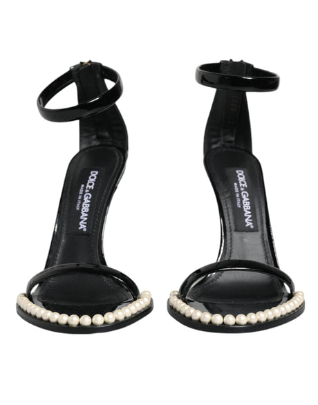Dolce & Gabbana Black Keira Leather Faux Pearl Sandals Heels Shoes - Hilstor