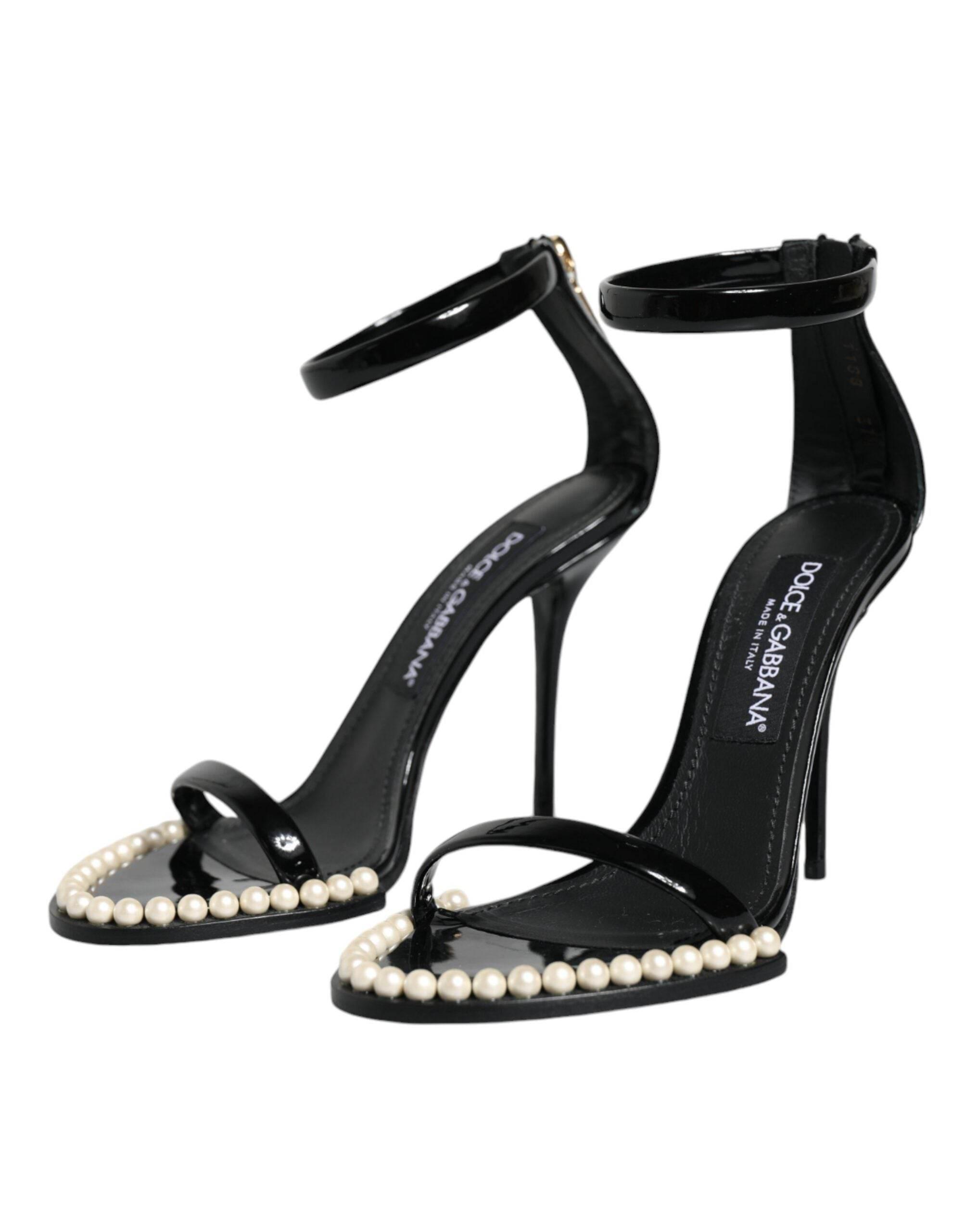 Dolce & Gabbana Black Keira Leather Faux Pearl Sandals Heels Shoes - Hilstor