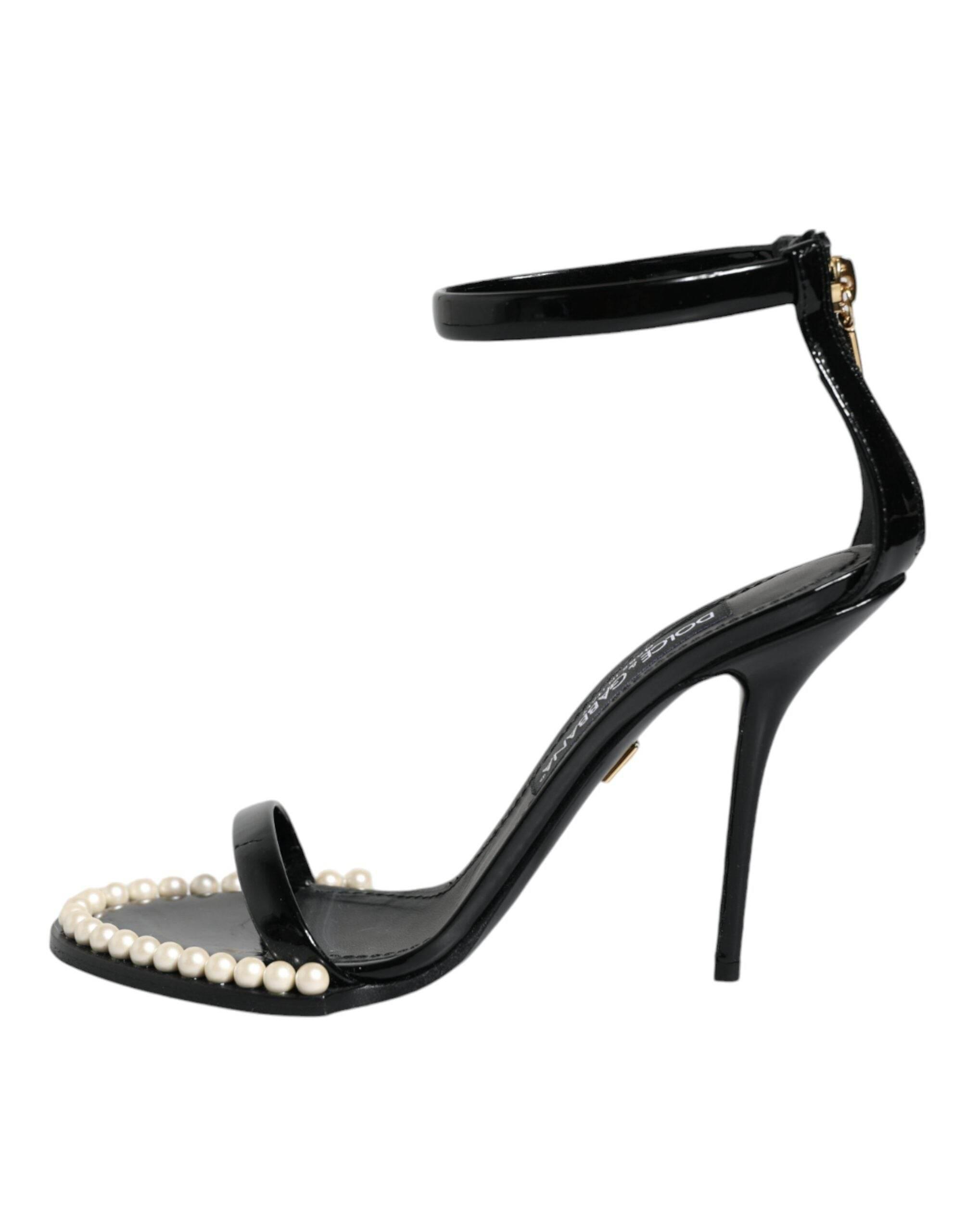 Dolce & Gabbana Black Keira Leather Faux Pearl Sandals Heels Shoes - Hilstor