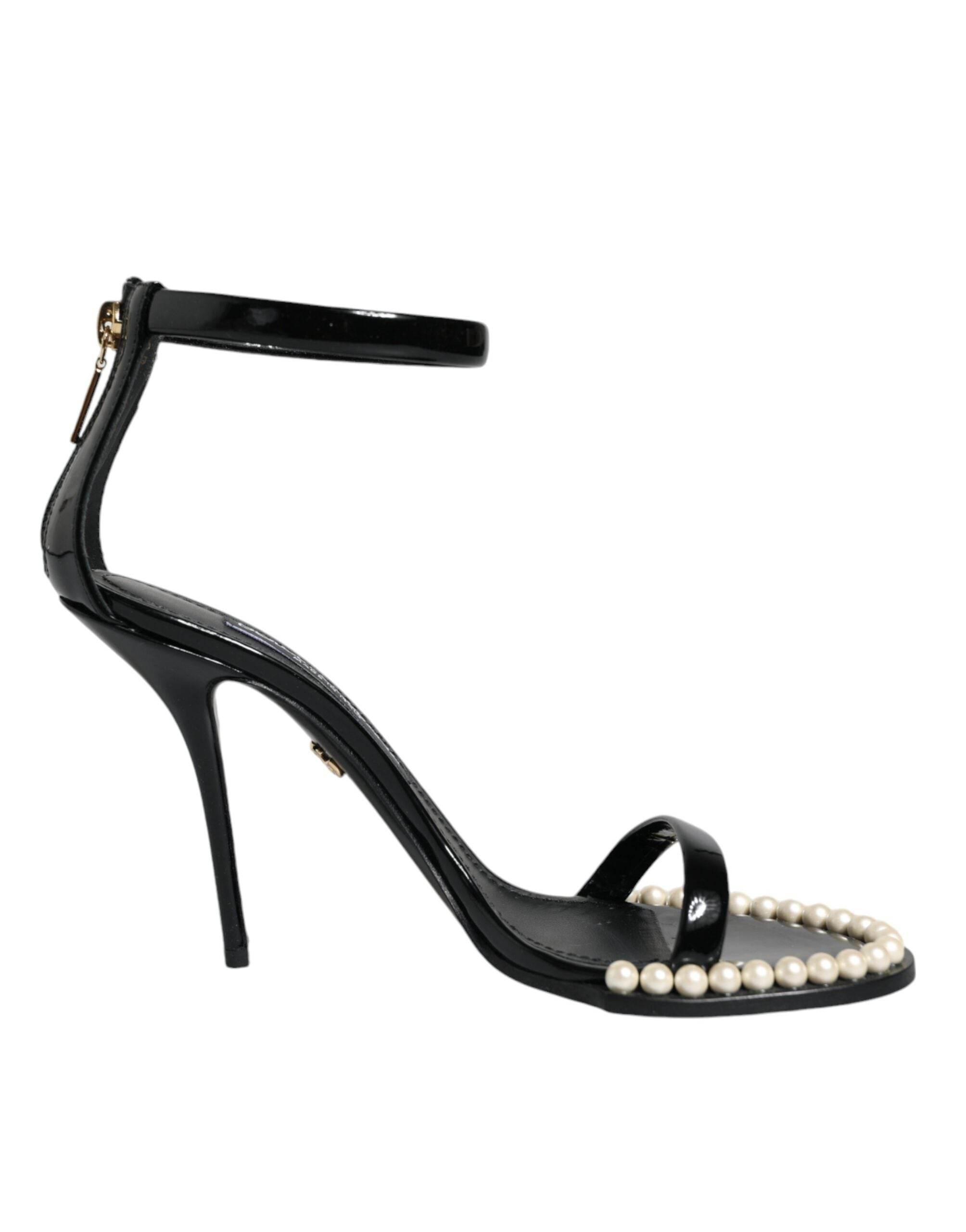 Dolce & Gabbana Black Keira Leather Faux Pearl Sandals Heels Shoes - Hilstor