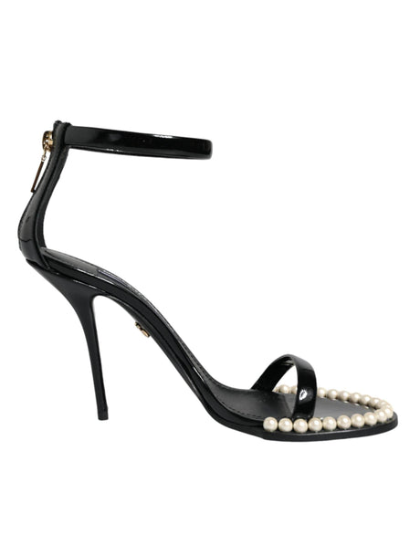 Dolce & Gabbana Black Keira Leather Faux Pearl Sandals Heels Shoes - Hilstor