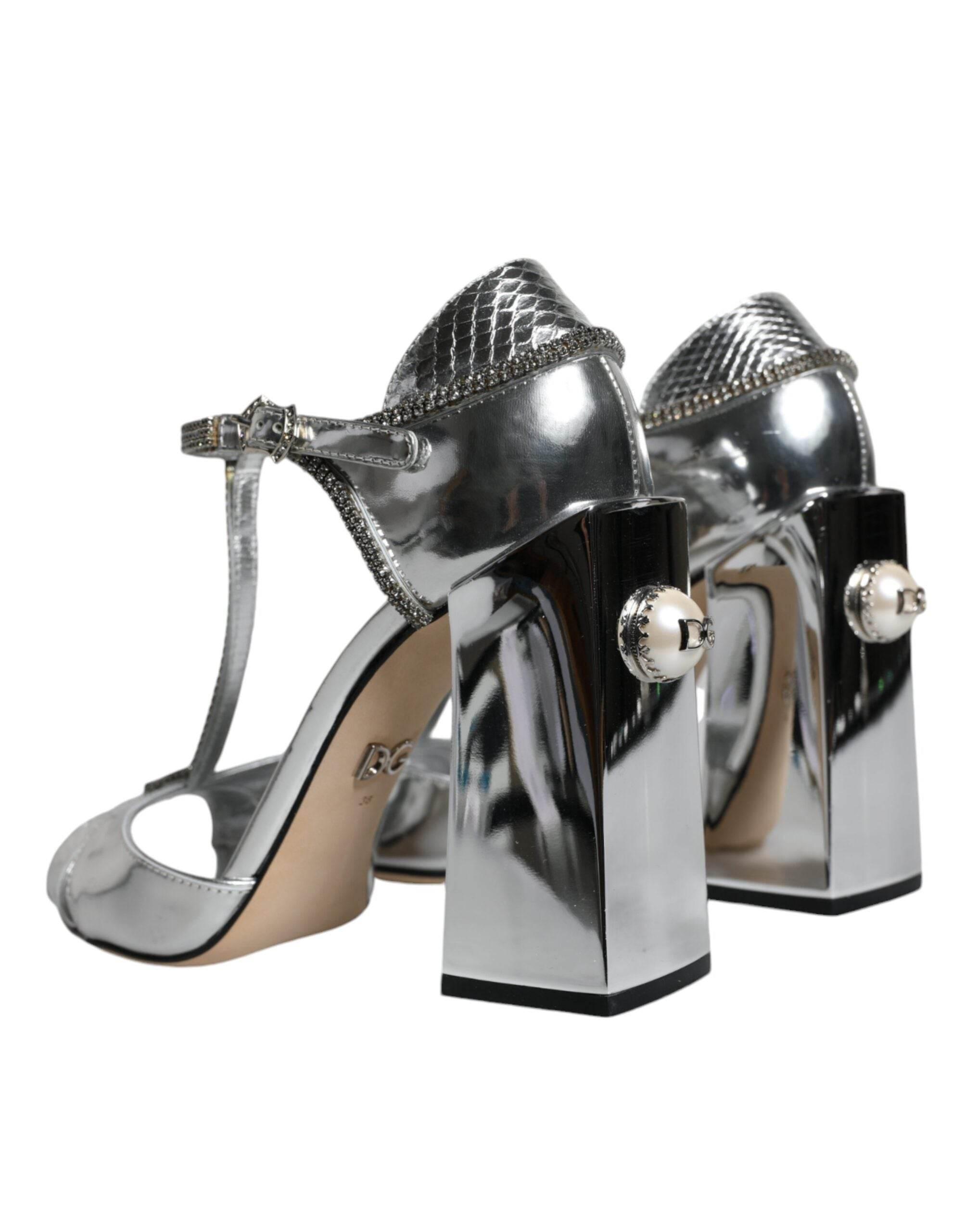 Dolce & Gabbana Silver Leather T-strap Heels Sandals Shoes - Hilstor