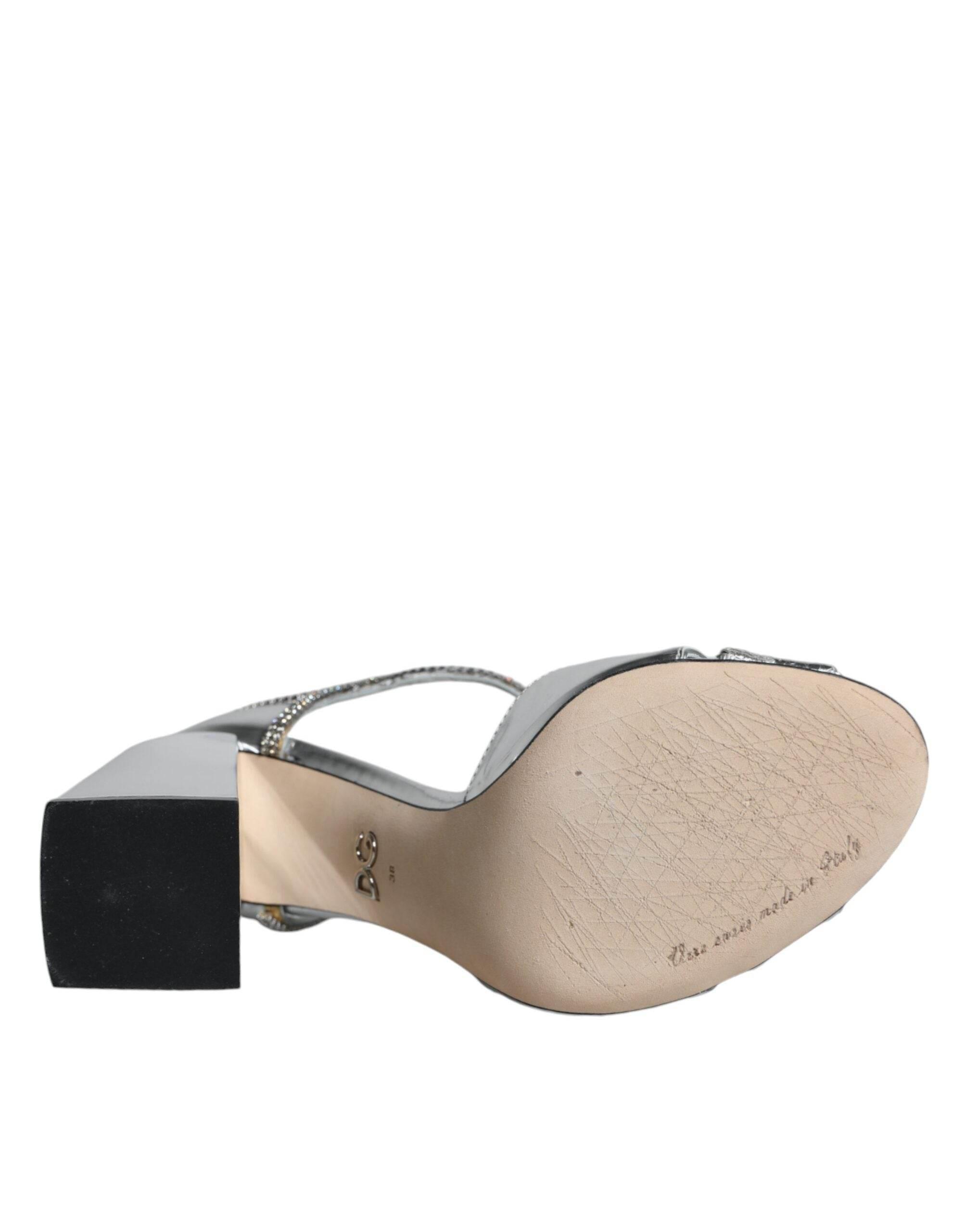 Dolce & Gabbana Silver Leather T-strap Heels Sandals Shoes - Hilstor