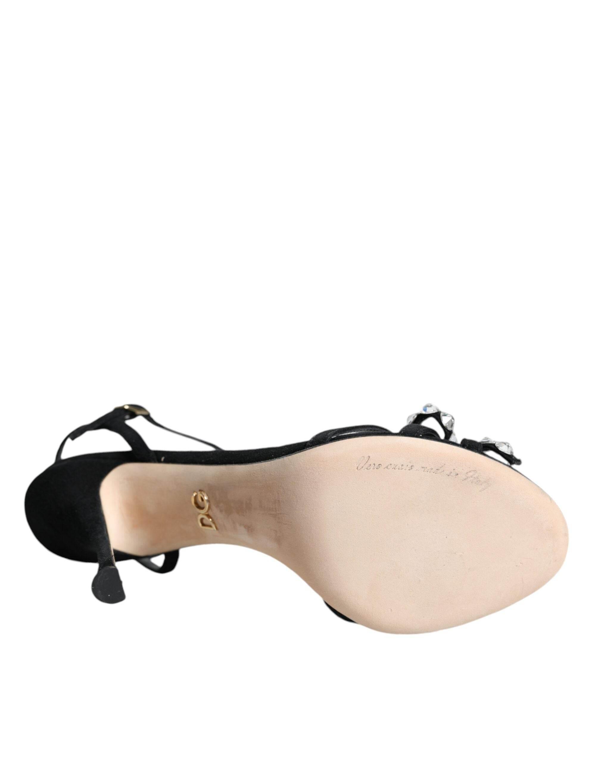 Dolce & Gabbana Black Leather Crystal Bow Heels Sandals Shoes - Hilstor