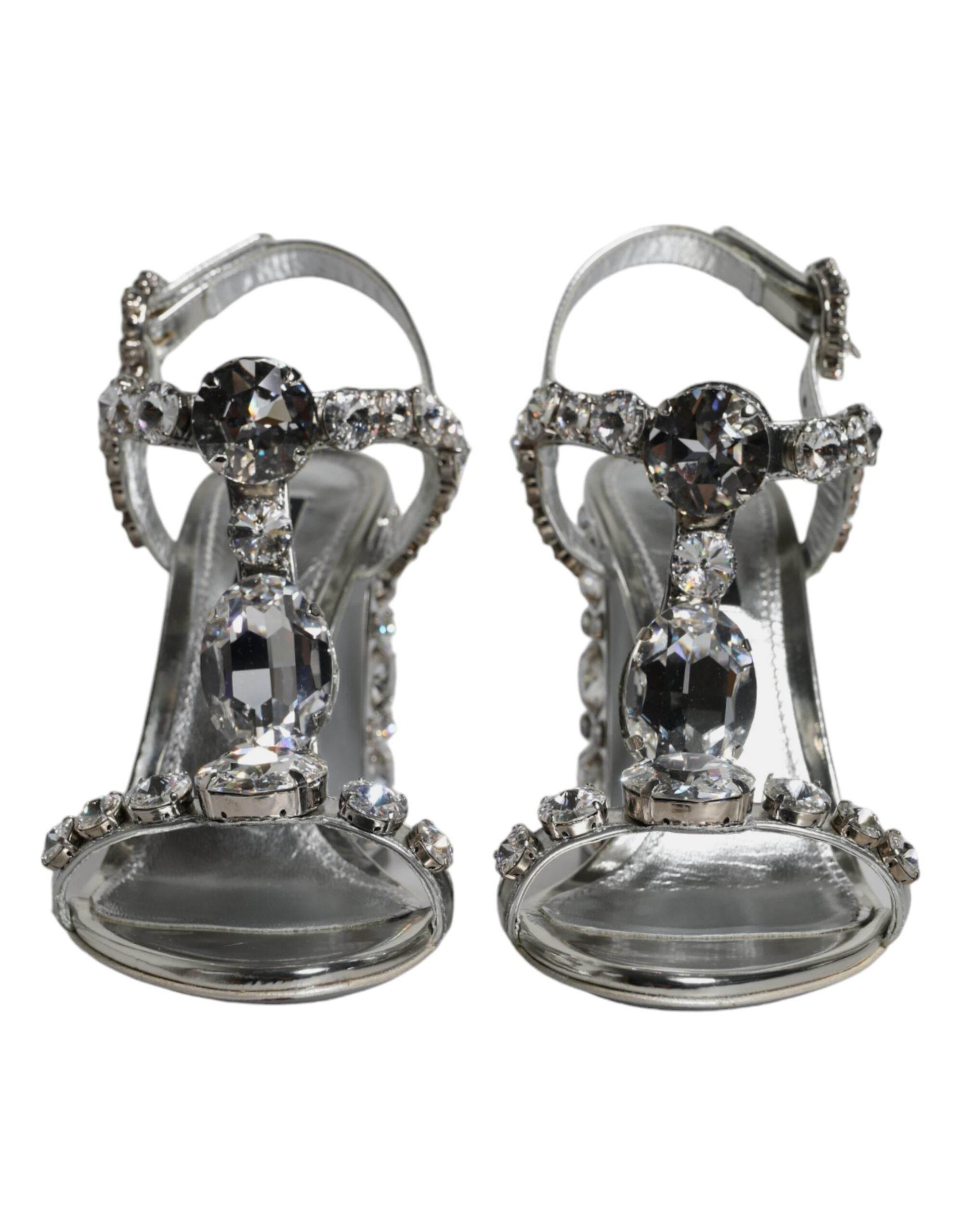 Dolce & Gabbana Silver Leather T-strap Crystal Sandals Shoes - Hilstor