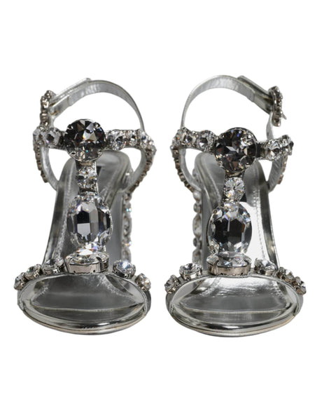 Dolce & Gabbana Silver Leather T-strap Crystal Sandals Shoes - Hilstor