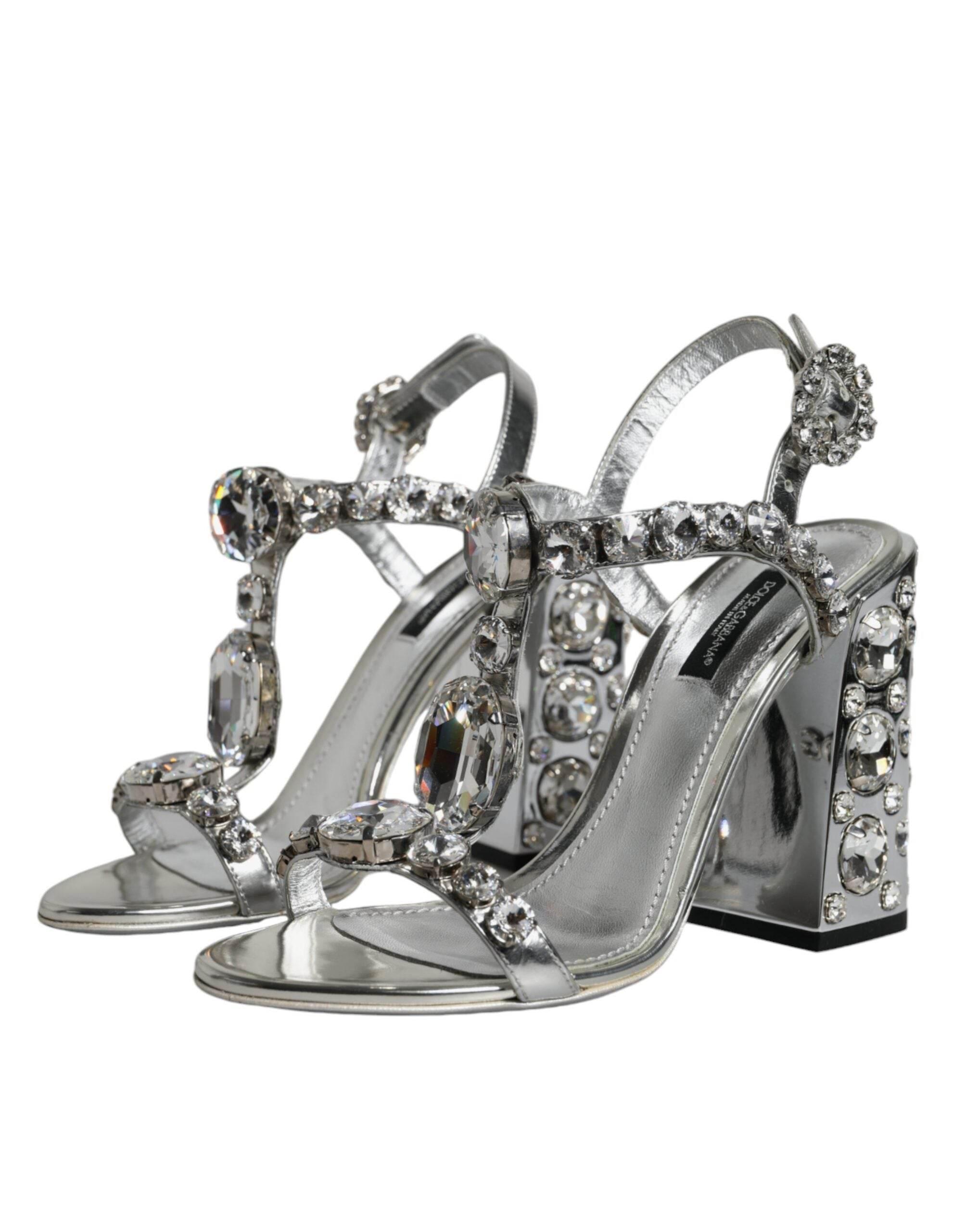 Dolce & Gabbana Silver Leather T-strap Crystal Sandals Shoes - Hilstor