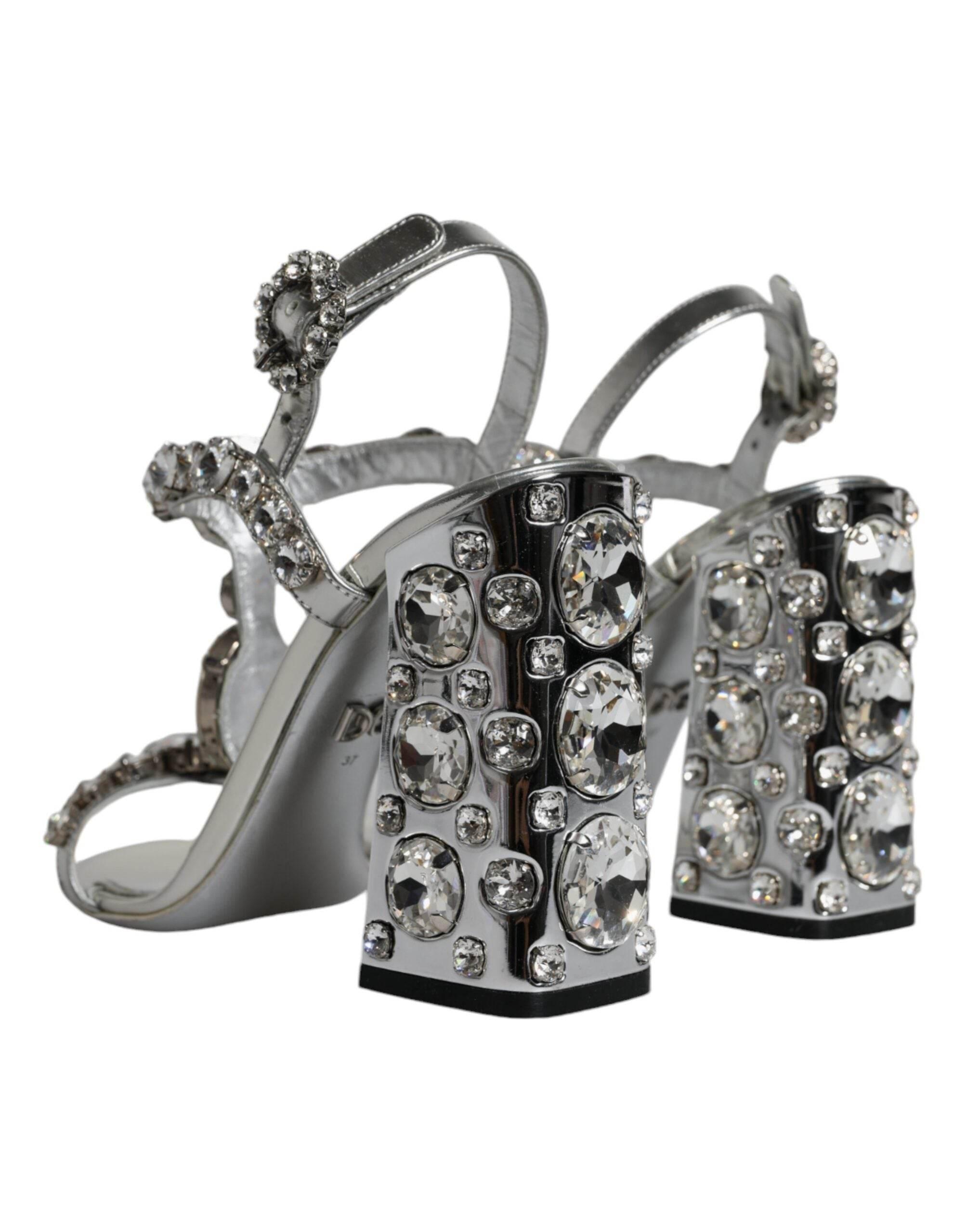 Dolce & Gabbana Silver Leather T-strap Crystal Sandals Shoes - Hilstor