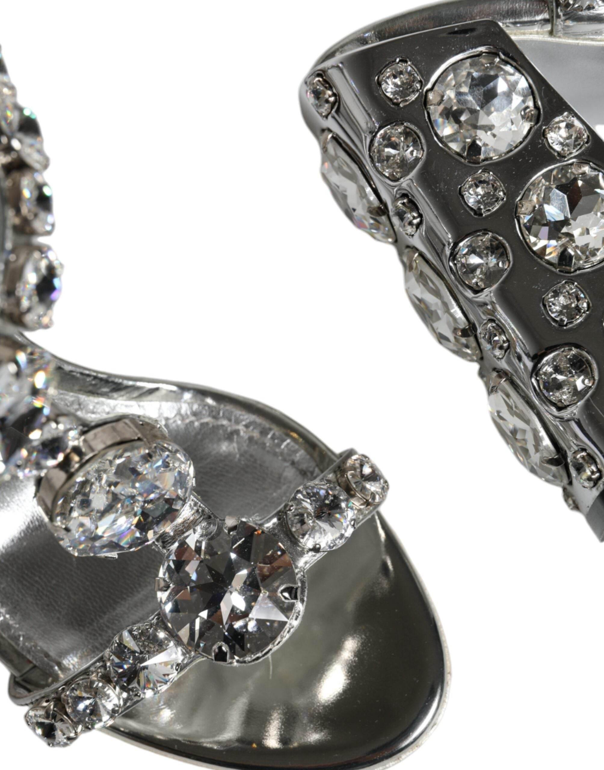Dolce & Gabbana Silver Leather T-strap Crystal Sandals Shoes - Hilstor