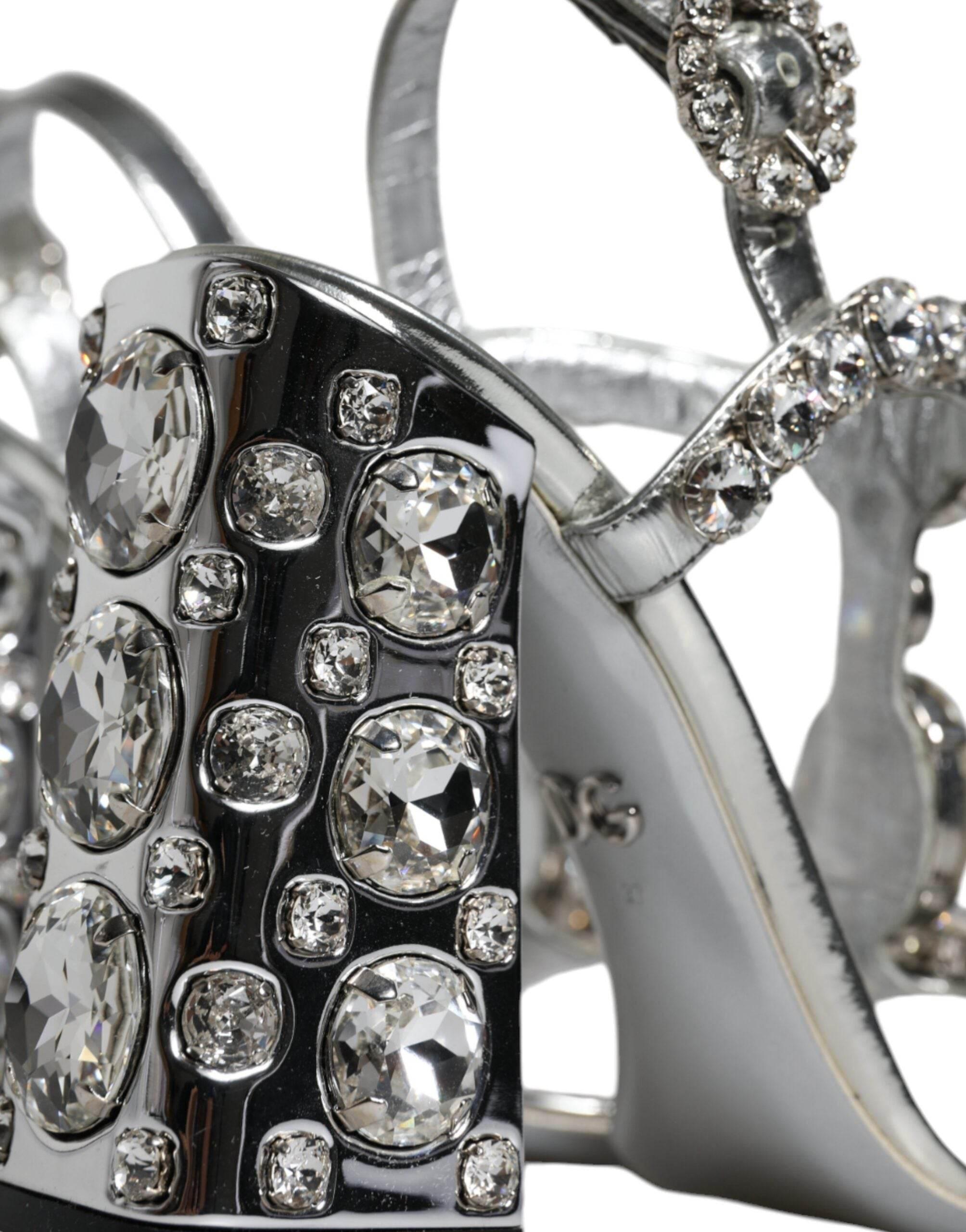 Dolce & Gabbana Silver Leather T-strap Crystal Sandals Shoes - Hilstor