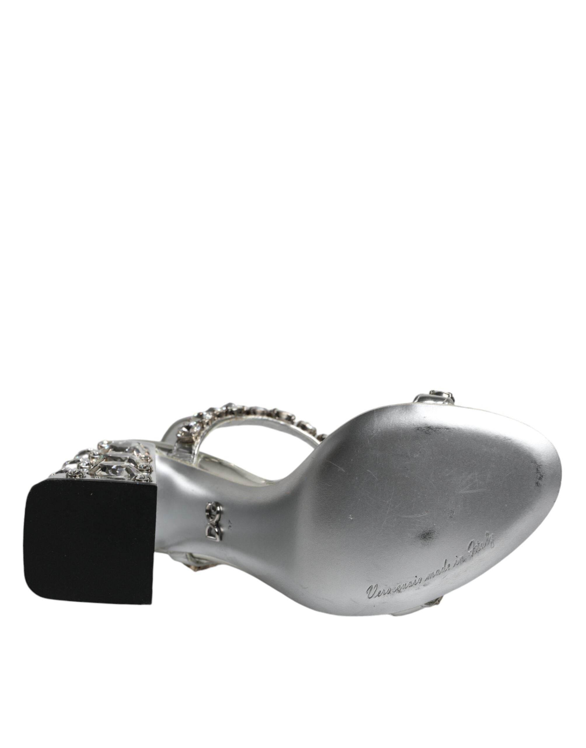 Dolce & Gabbana Silver Leather T-strap Crystal Sandals Shoes - Hilstor