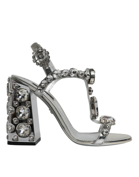 Dolce & Gabbana Silver Leather T-strap Crystal Sandals Shoes - Hilstor