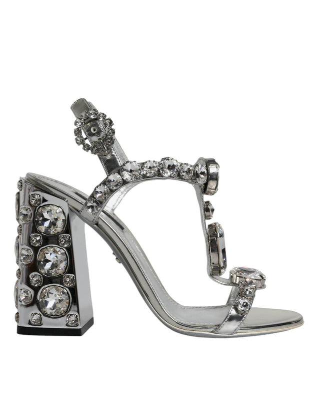 Dolce & Gabbana Silver Leather T-strap Crystal Sandals Shoes - Hilstor