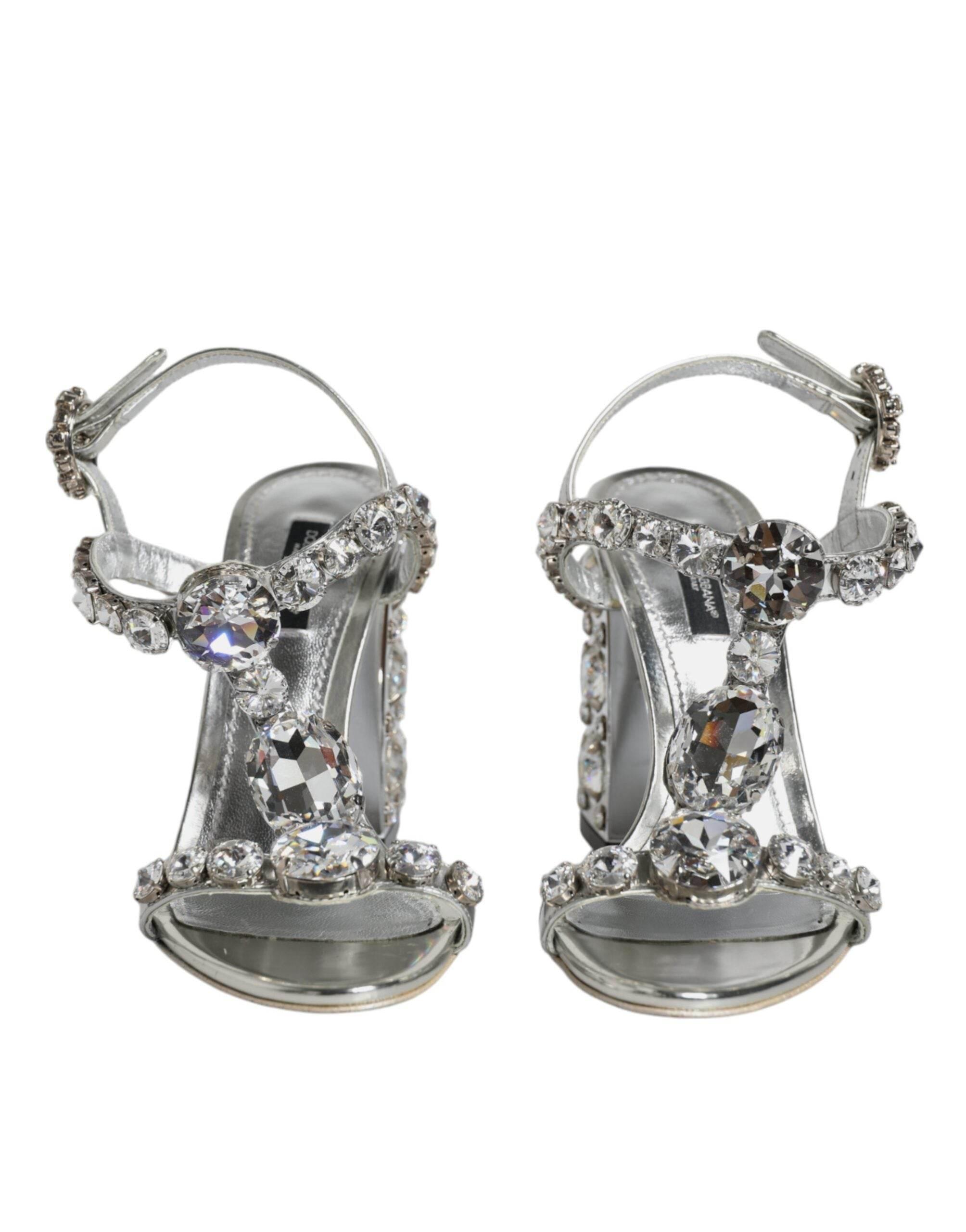 Dolce & Gabbana Silver Leather T-strap Crystal Sandals Shoes - Hilstor