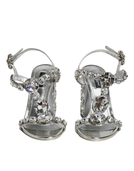 Dolce & Gabbana Silver Leather T-strap Crystal Sandals Shoes - Hilstor