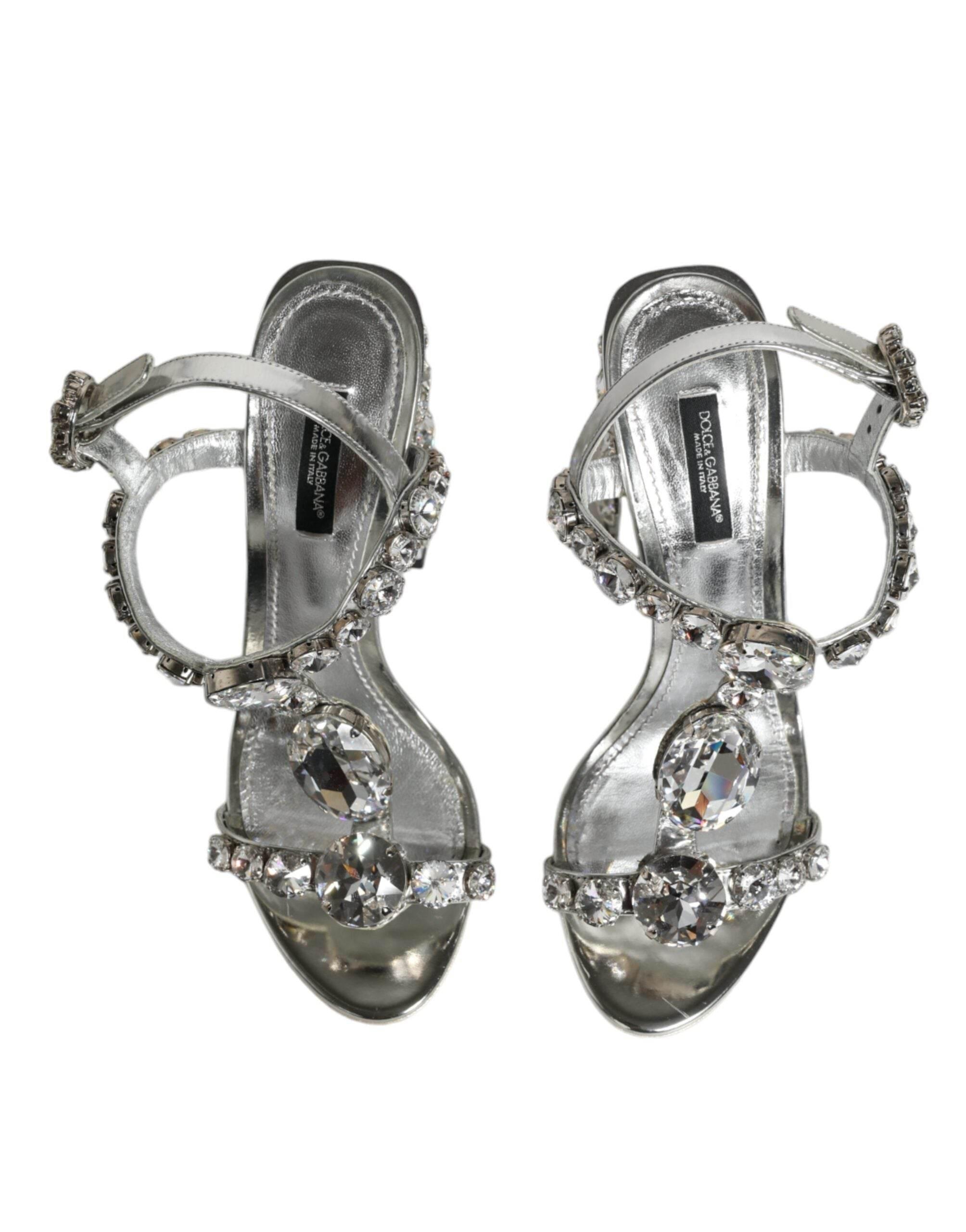 Dolce & Gabbana Silver Leather T-strap Crystal Sandals Shoes - Hilstor