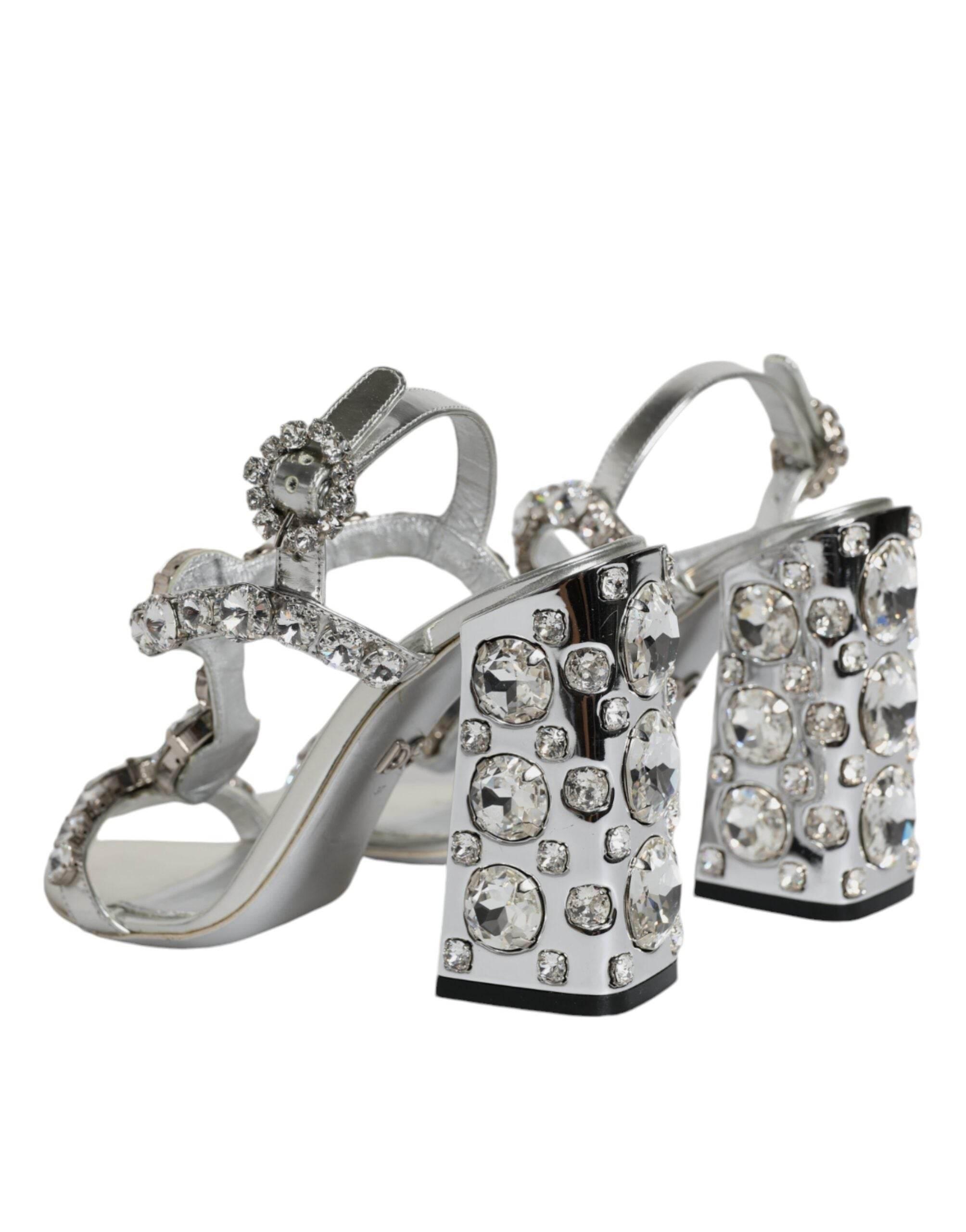 Dolce & Gabbana Silver Leather T-strap Crystal Sandals Shoes - Hilstor