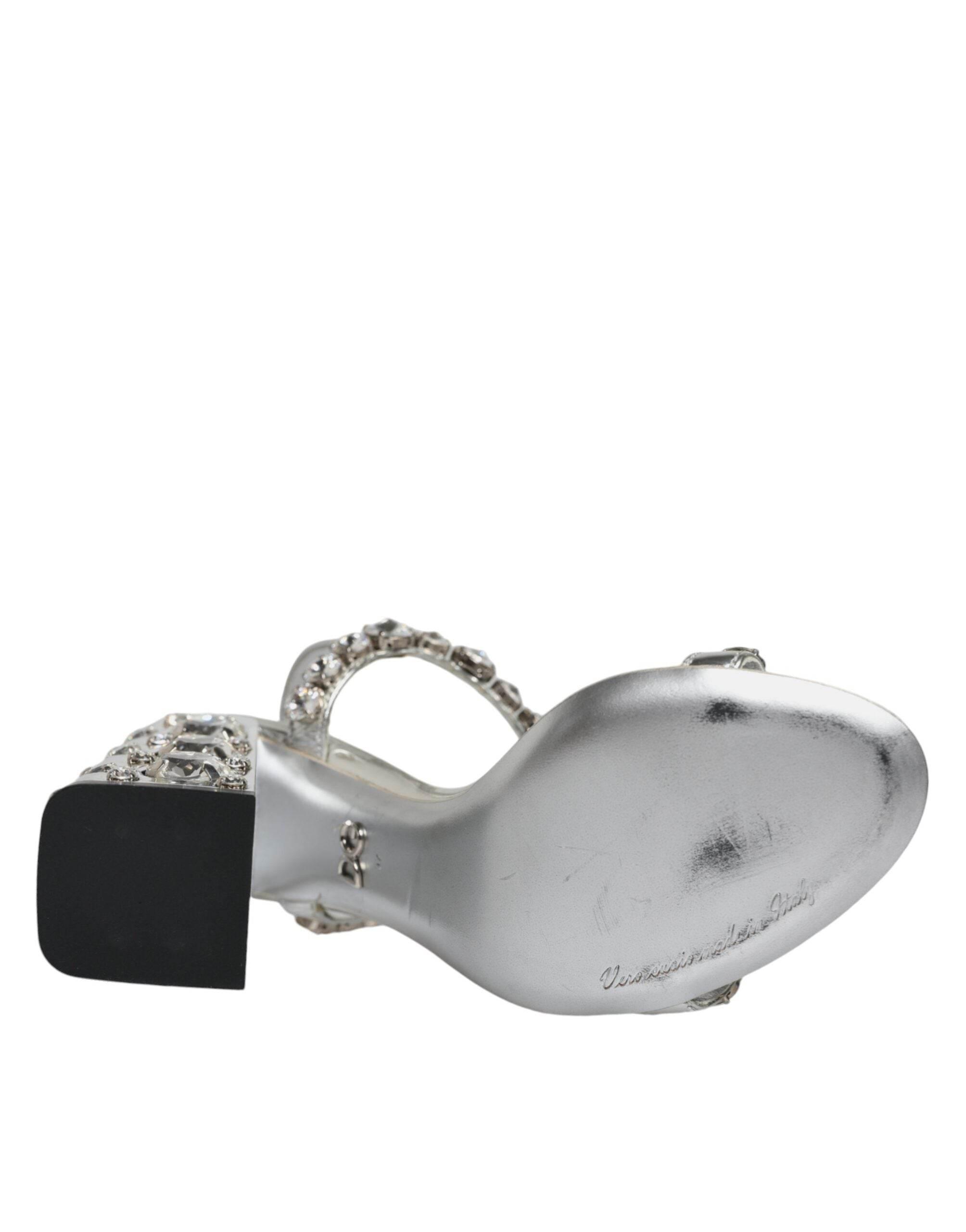Dolce & Gabbana Silver Leather T-strap Crystal Sandals Shoes - Hilstor