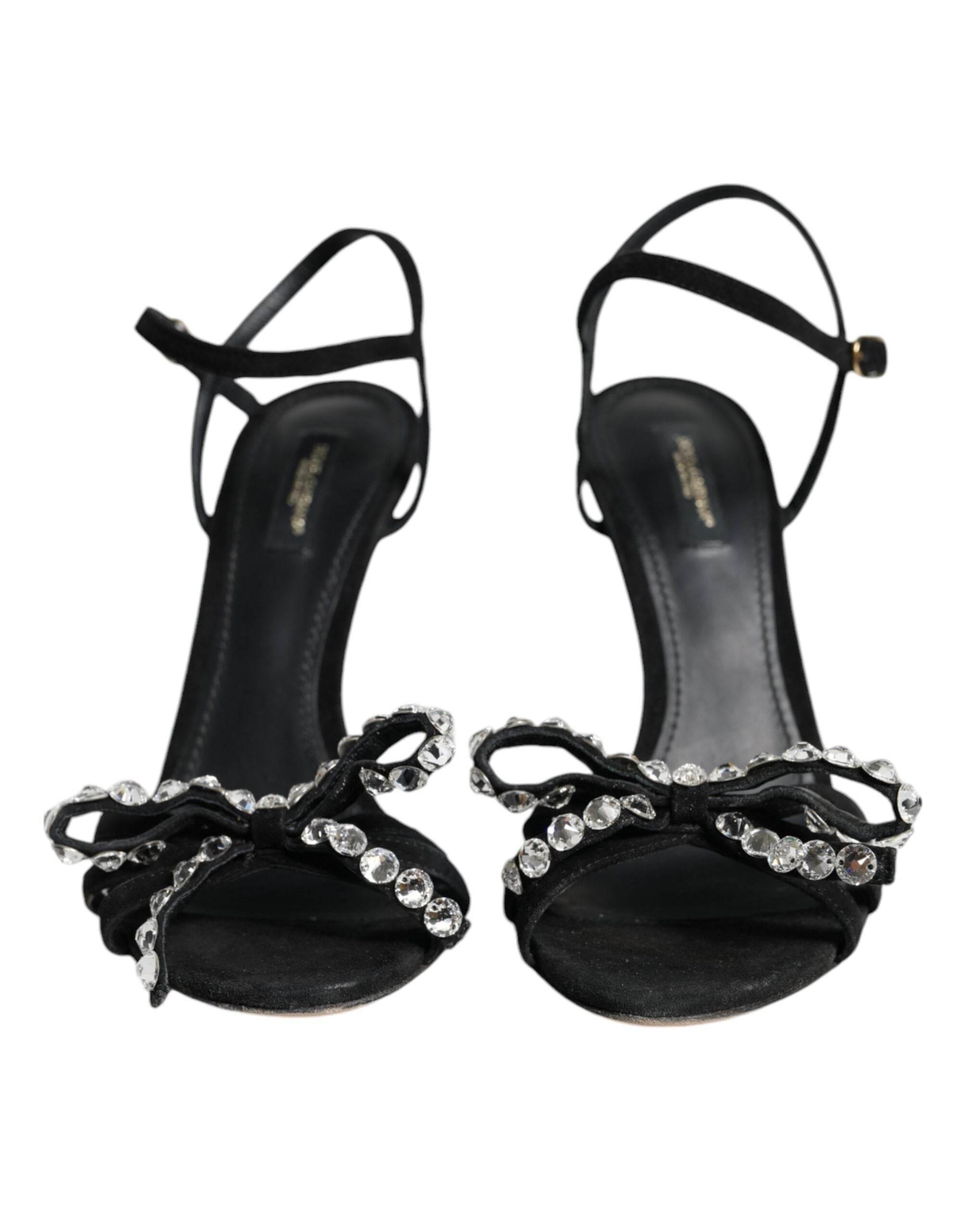 Dolce & Gabbana Black Leather Crystal Bow Heels Sandals Shoes - Hilstor