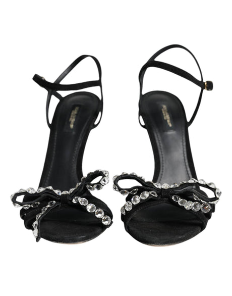 Dolce & Gabbana Black Leather Crystal Bow Heels Sandals Shoes - Hilstor