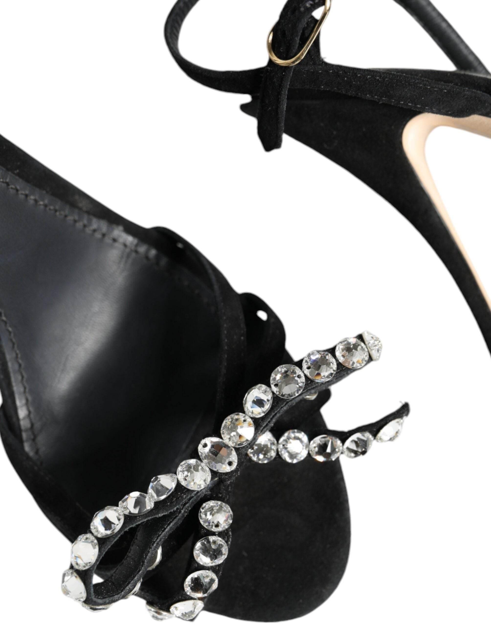 Dolce & Gabbana Black Leather Crystal Bow Heels Sandals Shoes - Hilstor