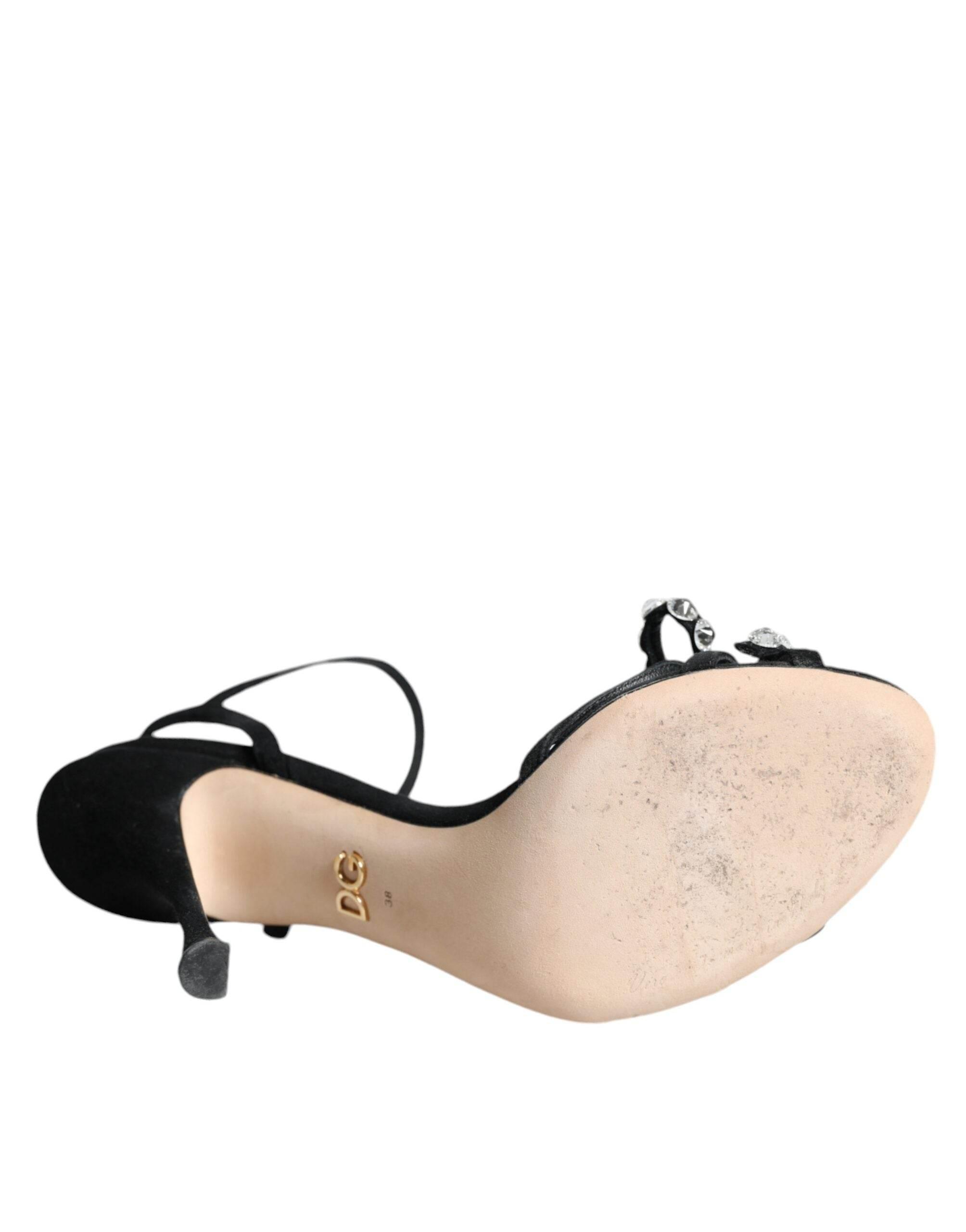 Dolce & Gabbana Black Leather Crystal Bow Heels Sandals Shoes - Hilstor