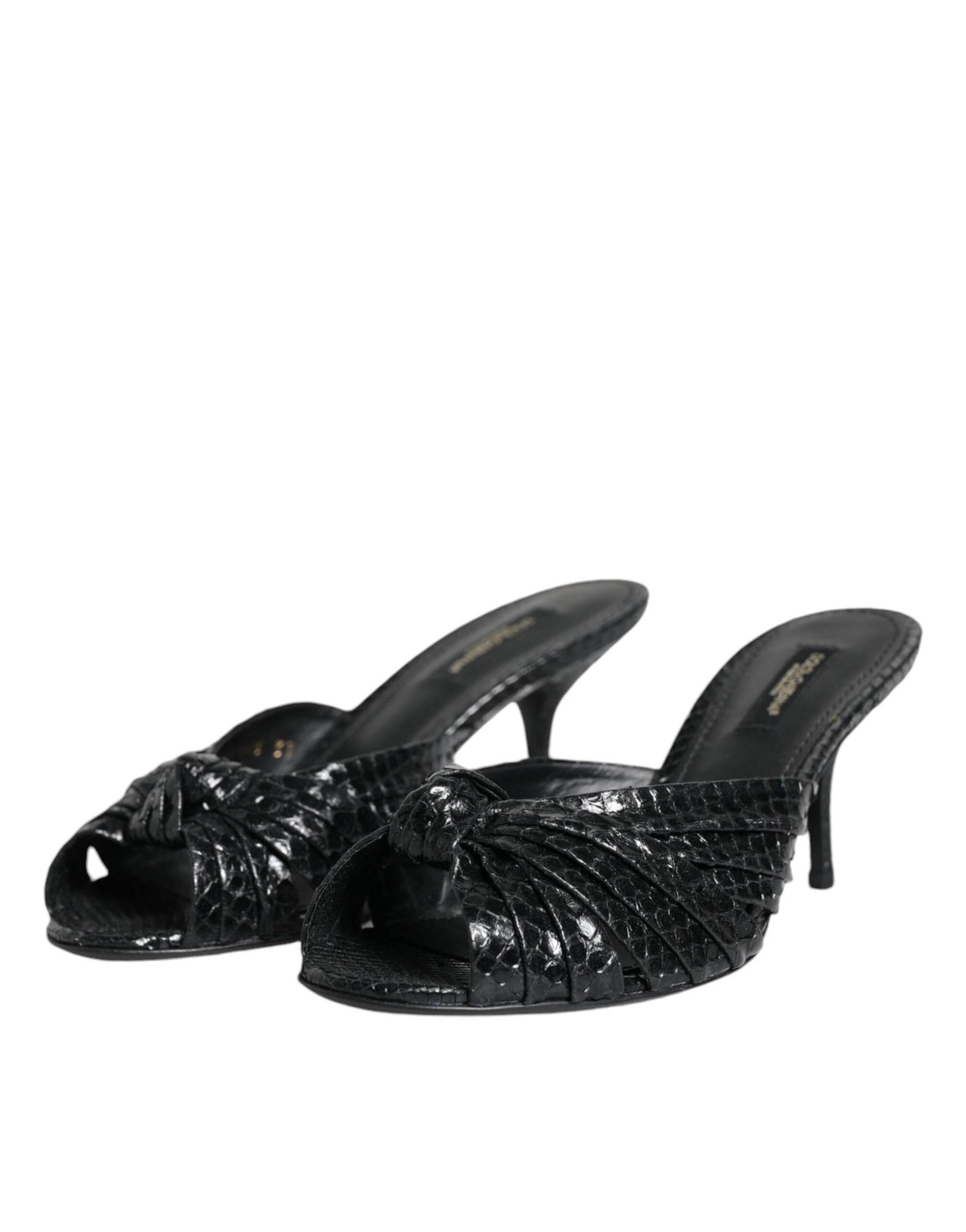 Dolce & Gabbana Black Leather Heels Slides Sandals Shoes - Hilstor