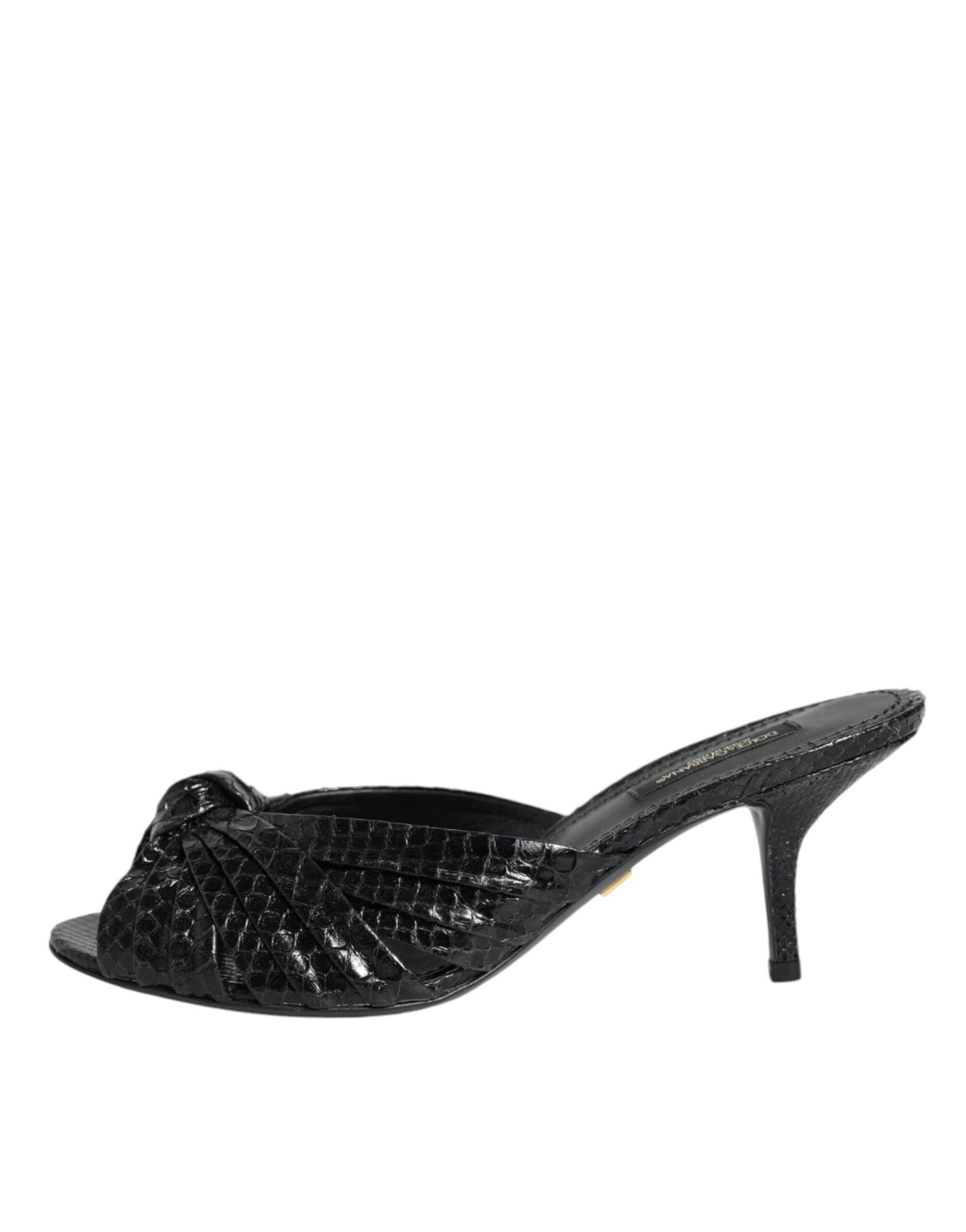 Dolce & Gabbana Black Leather Heels Slides Sandals Shoes - Hilstor