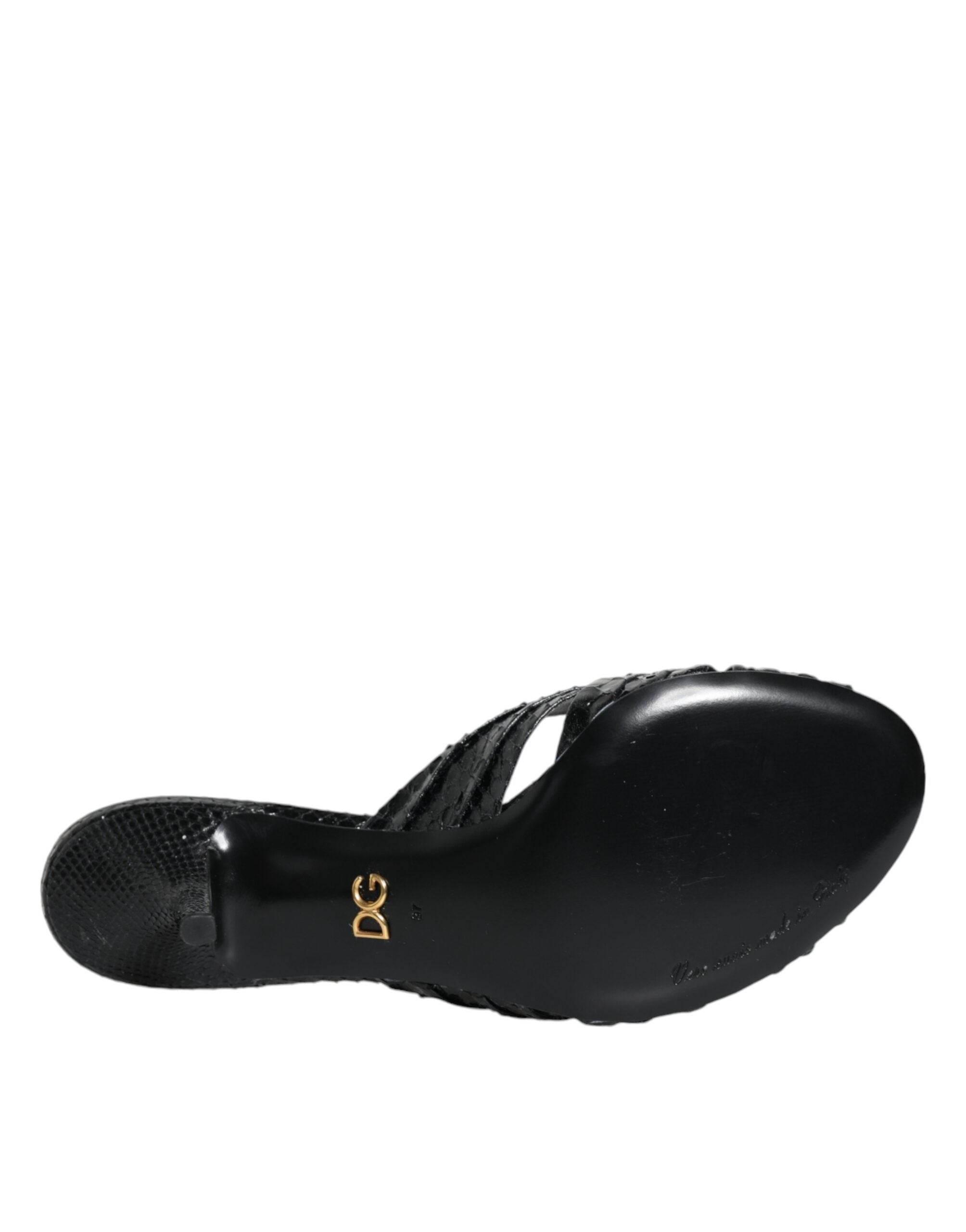 Dolce & Gabbana Black Leather Heels Slides Sandals Shoes - Hilstor