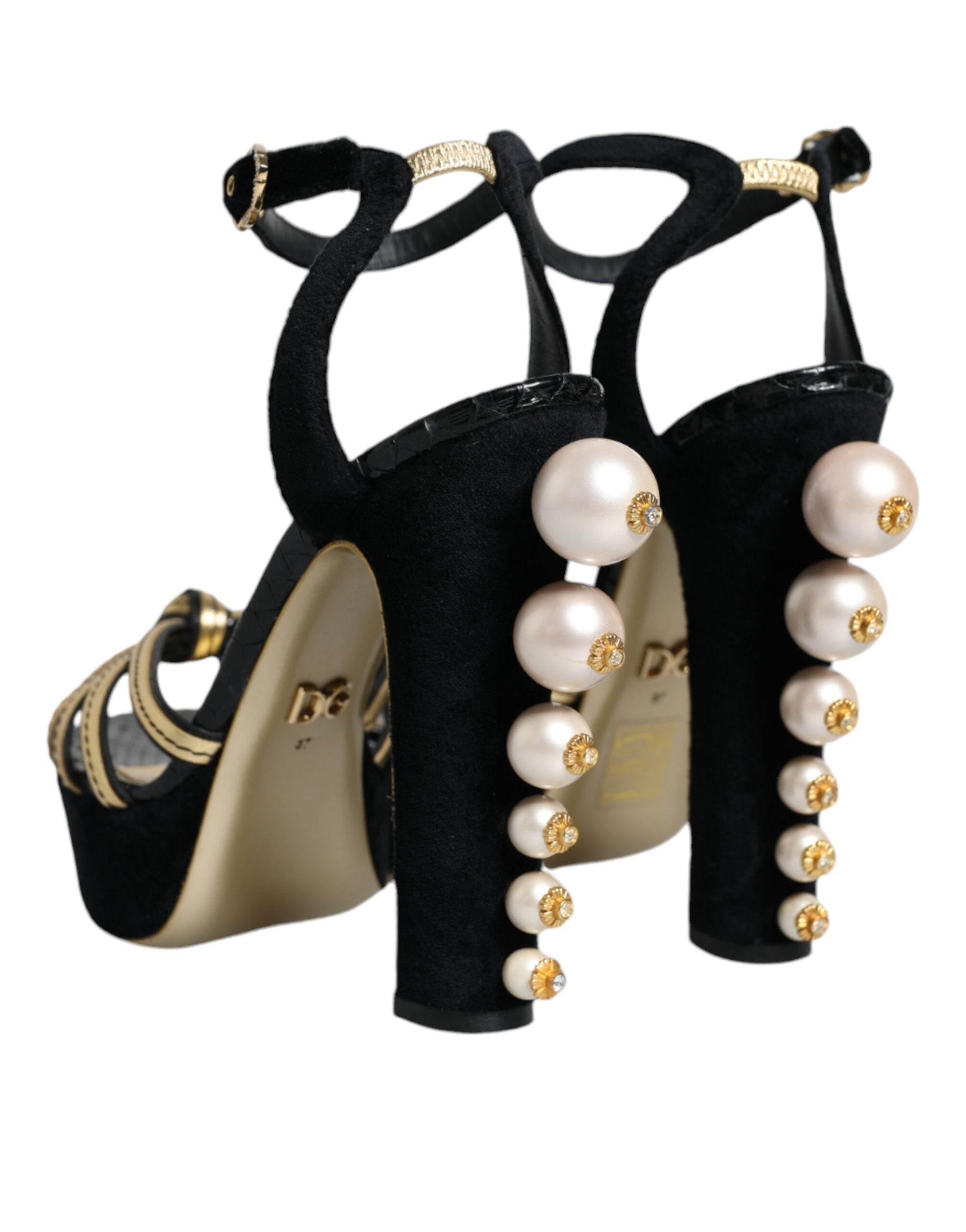 Dolce & Gabbana Black Leather Faux Pearl Heel Sandals Shoes - Hilstor
