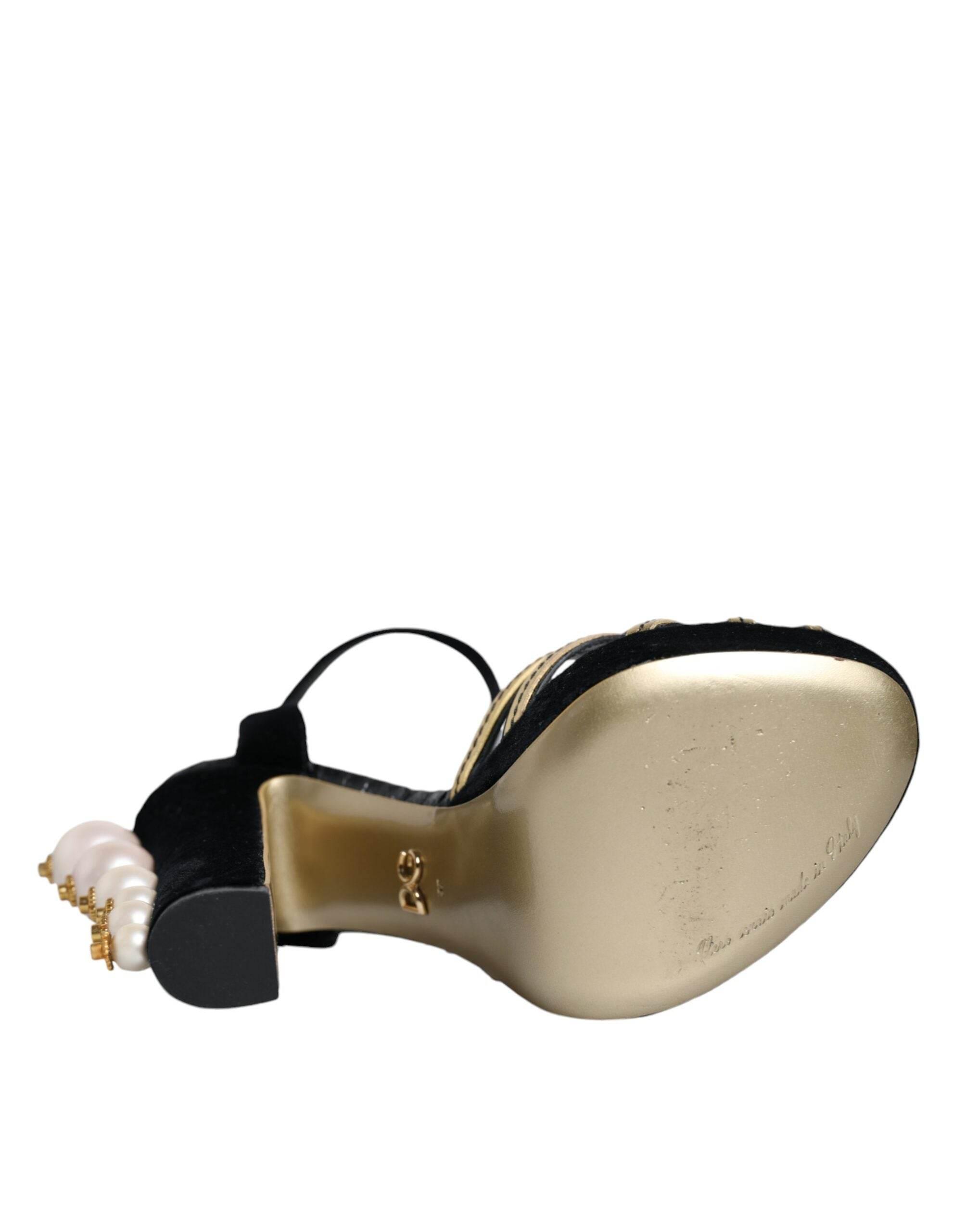 Dolce & Gabbana Black Leather Faux Pearl Heel Sandals Shoes - Hilstor