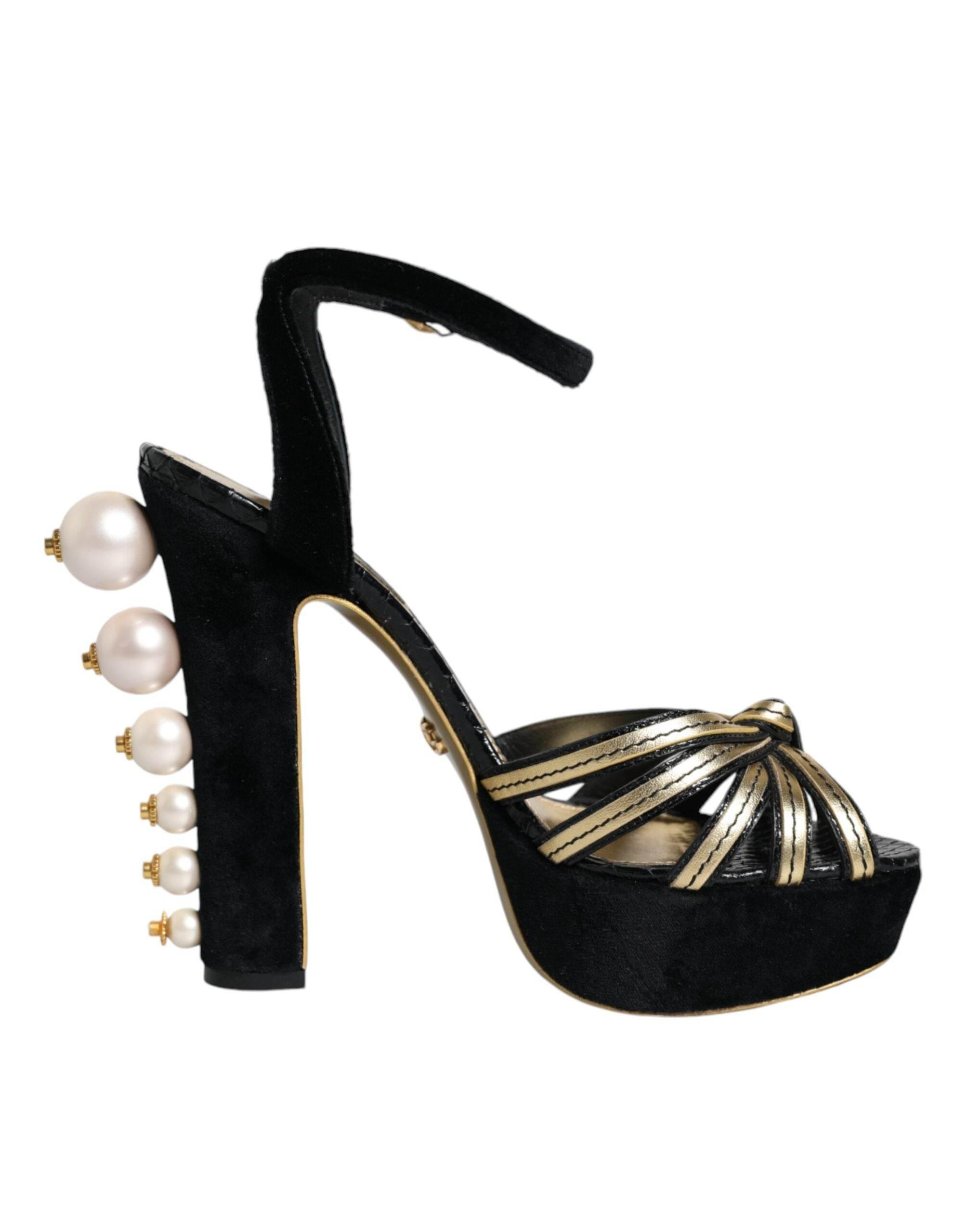 Dolce & Gabbana Black Leather Faux Pearl Heel Sandals Shoes - Hilstor