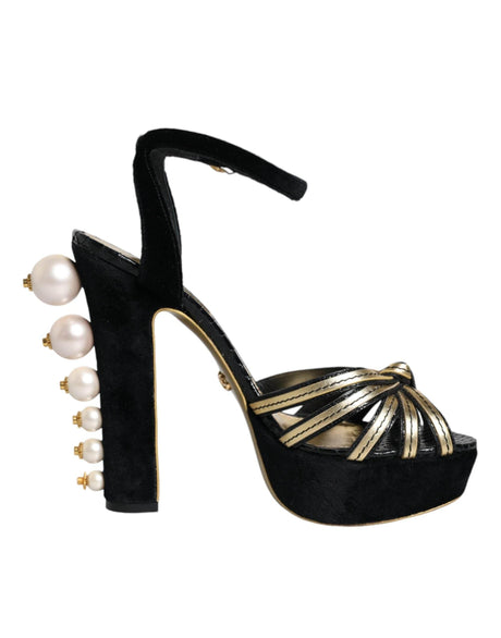 Dolce & Gabbana Black Leather Faux Pearl Heel Sandals Shoes - Hilstor