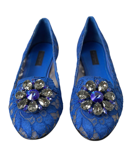 Dolce & Gabbana Blue Lace Crystal Ballet Flats Loafers Shoes - Hilstor