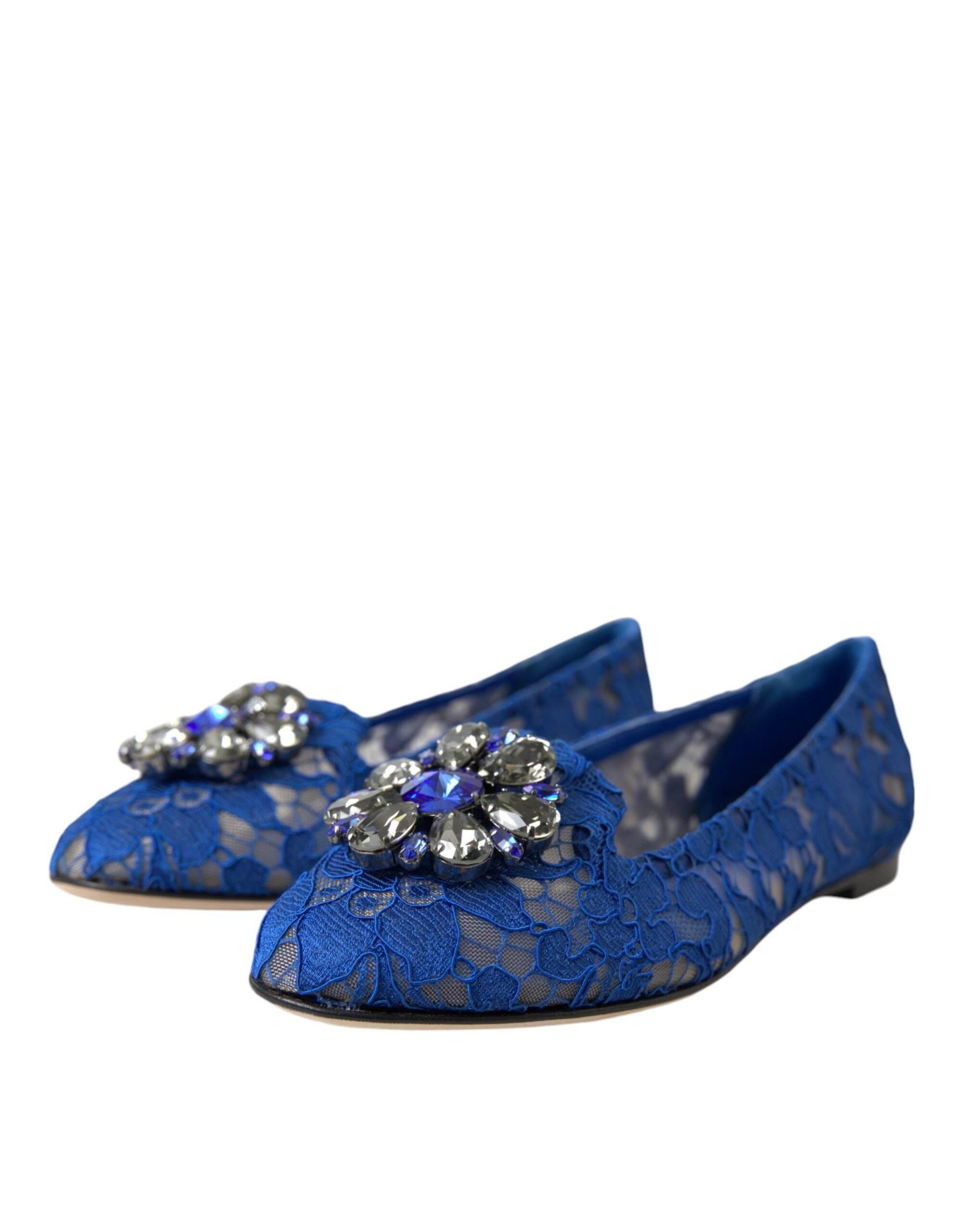 Dolce & Gabbana Blue Lace Crystal Ballet Flats Loafers Shoes - Hilstor