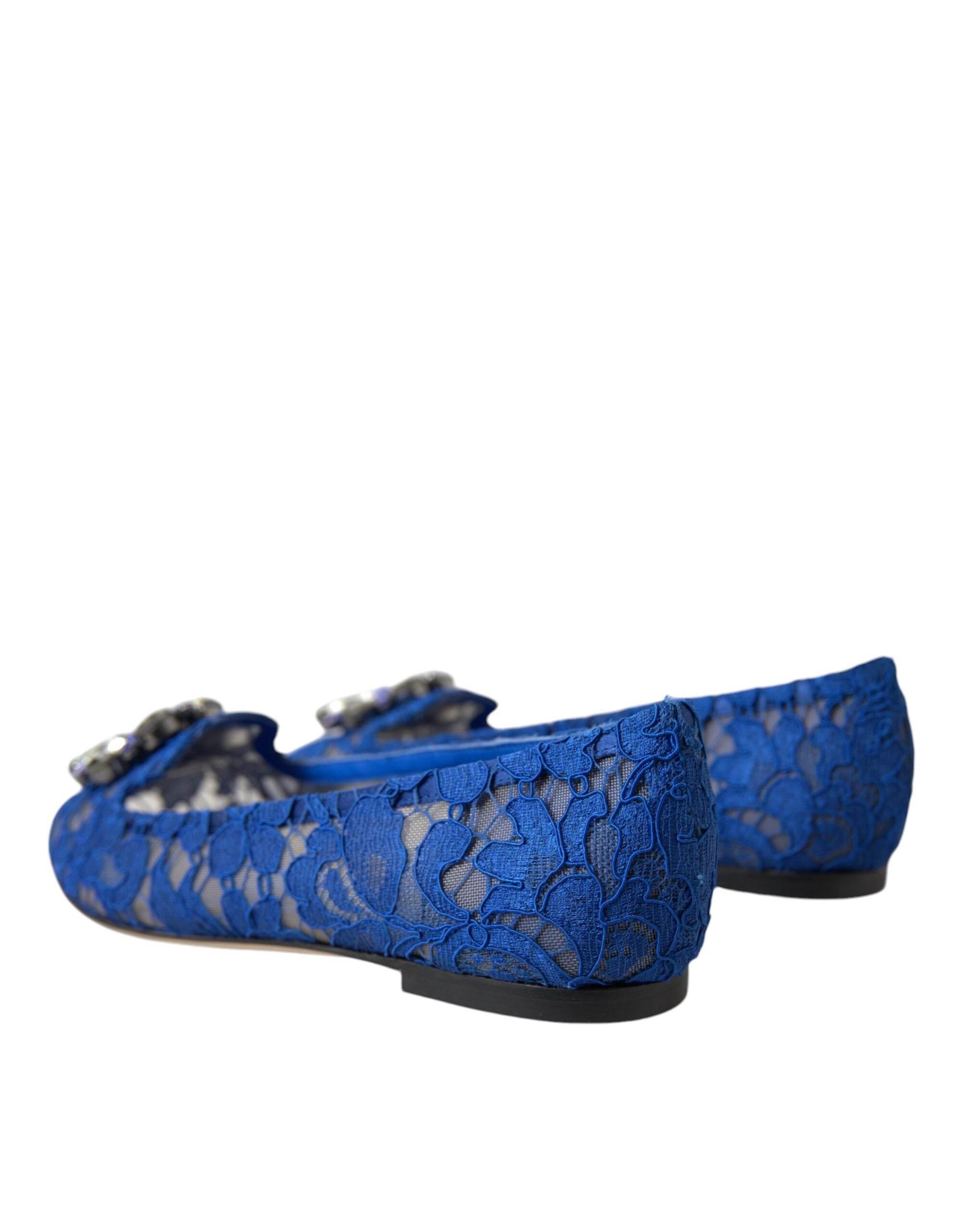 Dolce & Gabbana Blue Lace Crystal Ballet Flats Loafers Shoes - Hilstor
