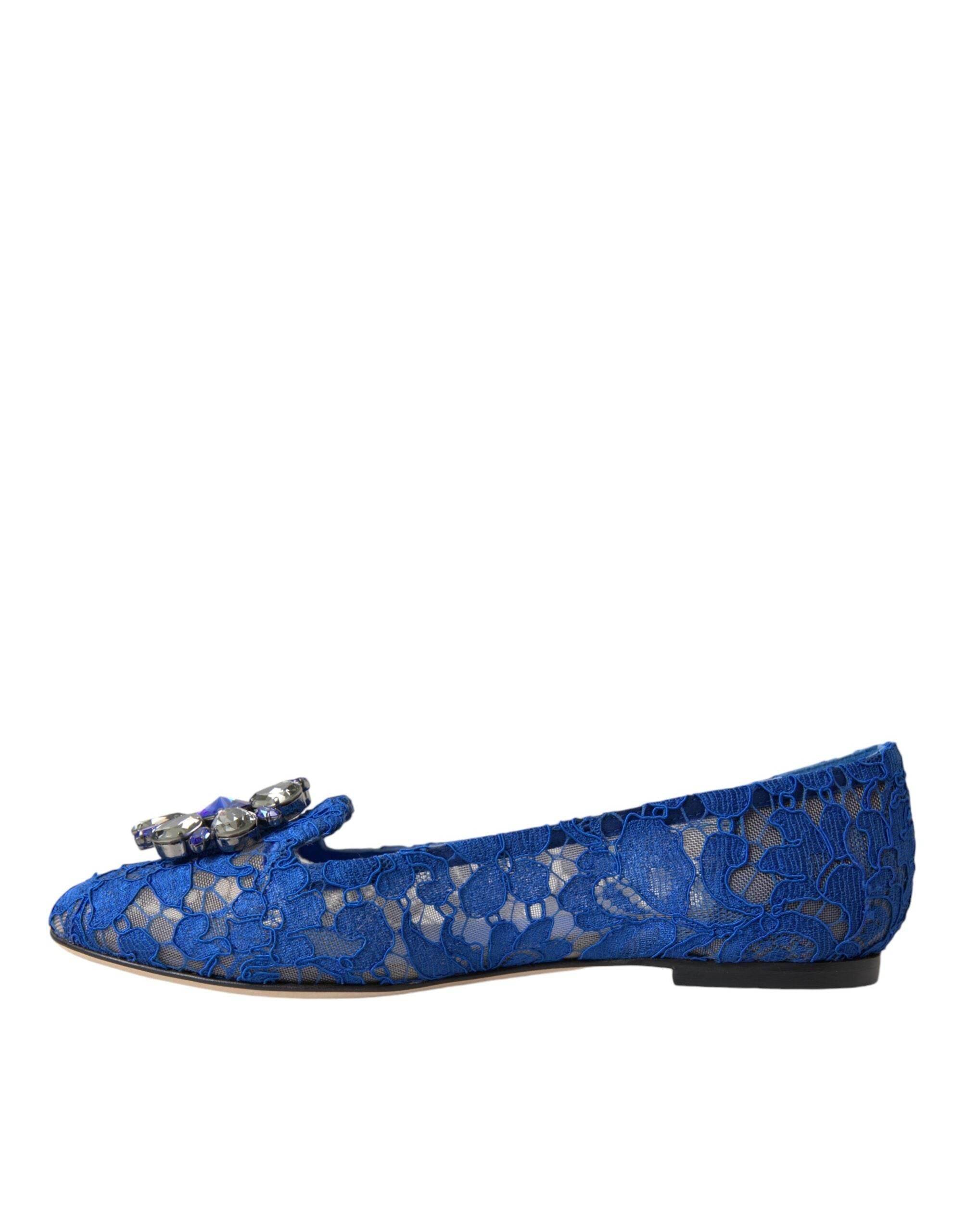 Dolce & Gabbana Blue Lace Crystal Ballet Flats Loafers Shoes - Hilstor
