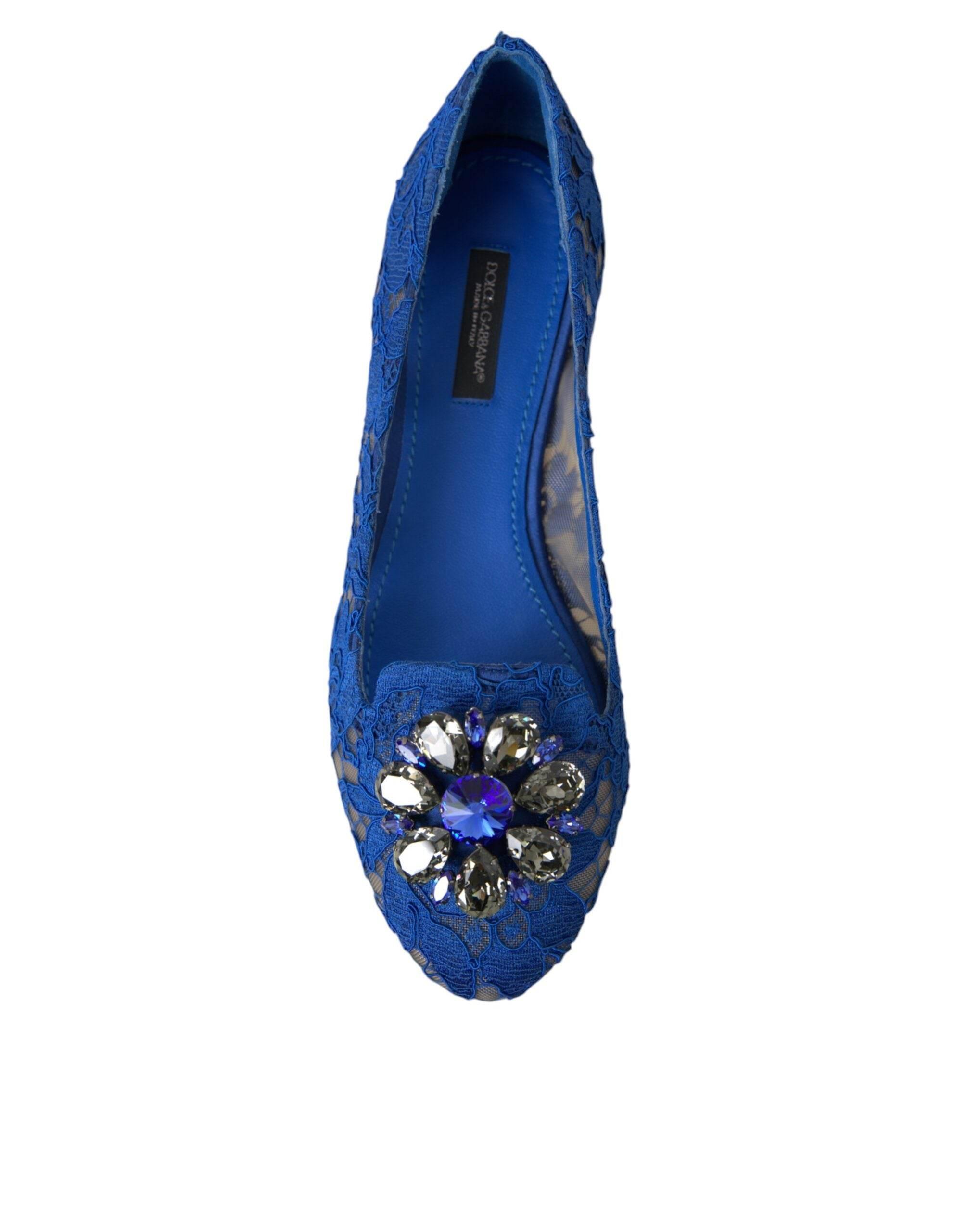 Dolce & Gabbana Blue Lace Crystal Ballet Flats Loafers Shoes - Hilstor