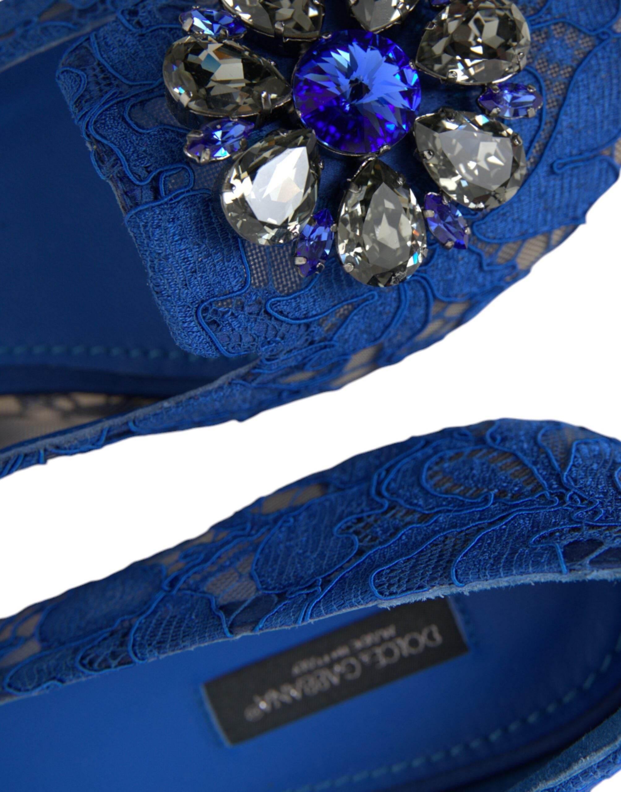 Dolce & Gabbana Blue Lace Crystal Ballet Flats Loafers Shoes - Hilstor