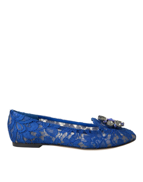 Dolce & Gabbana Blue Lace Crystal Ballet Flats Loafers Shoes - Hilstor